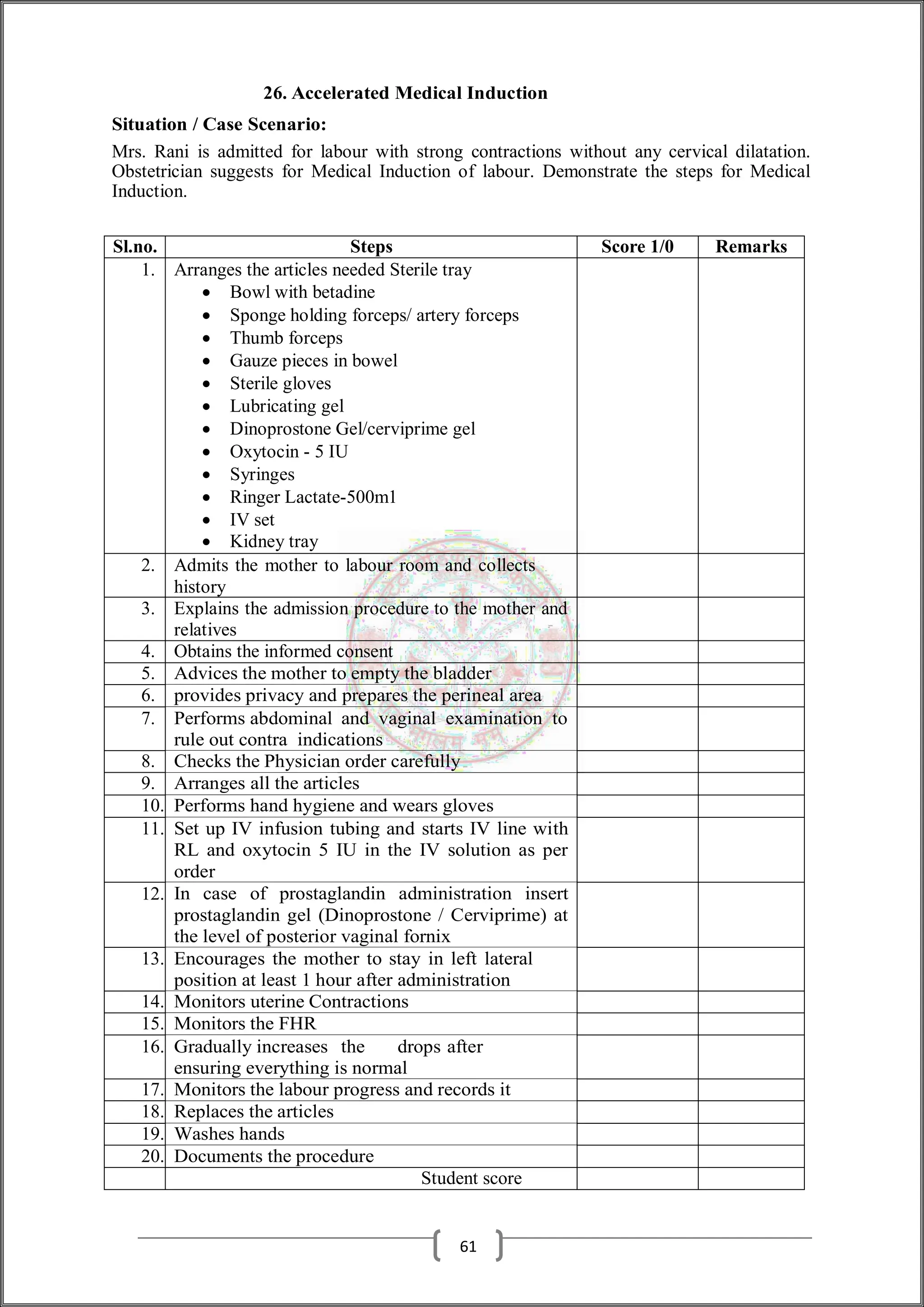 26. Accelerated Medical Induction
Situation / Case Scenario:
Mrs. Rani is admitted for labour with strong contractions without any cervical dilatation.
Obstetrician suggests for Medical Induction of labour. Demonstrate the steps for Medical
Induction.
Sl.no. Steps Score 1/0 Remarks
1. Arranges the articles needed Sterile tray
 Bowl with betadine
 Sponge holding forceps/ artery forceps
 Thumb forceps
 Gauze pieces in bowel
 Sterile gloves
 Lubricating gel
 Dinoprostone Gel/cerviprime gel
 Oxytocin - 5 IU
 Syringes
 Ringer Lactate-500m1
 IV set
 Kidney tray
2. Admits the mother to labour room and collects
history
3. Explains the admission procedure to the mother and
relatives
4. Obtains the informed consent
5. Advices the mother to empty the bladder
6. provides privacy and prepares the perineal area
7. Performs abdominal and vaginal examination to
rule out contra indications
8. Checks the Physician order carefully
9. Arranges all the articles
10. Performs hand hygiene and wears gloves
11. Set up IV infusion tubing and starts IV line with
RL and oxytocin 5 IU in the IV solution as per
order
12. In case of prostaglandin administration insert
prostaglandin gel (Dinoprostone / Cerviprime) at
the level of posterior vaginal fornix
13. Encourages the mother to stay in left lateral
position at least 1 hour after administration
14. Monitors uterine Contractions
15. Monitors the FHR
16. Gradually increases the drops after
ensuring everything is normal
17. Monitors the labour progress and records it
18. Replaces the articles
19. Washes hands
20. Documents the procedure
Student score
61
 