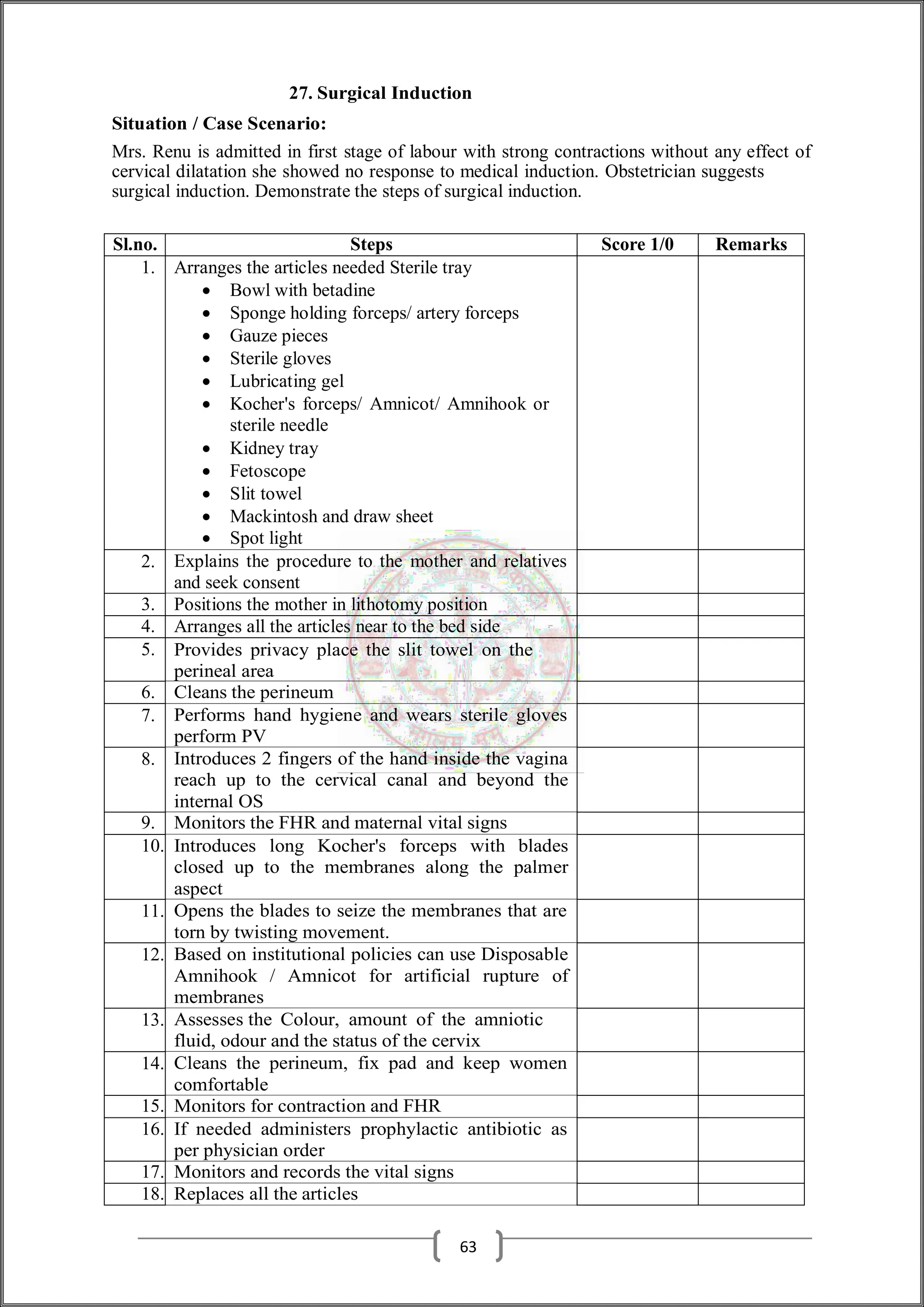 27. Surgical Induction
Situation / Case Scenario:
Mrs. Renu is admitted in first stage of labour with strong contractions without any effect of
cervical dilatation she showed no response to medical induction. Obstetrician suggests
surgical induction. Demonstrate the steps of surgical induction.
Sl.no. Steps Score 1/0 Remarks
1. Arranges the articles needed Sterile tray
 Bowl with betadine
 Sponge holding forceps/ artery forceps
 Gauze pieces
 Sterile gloves
 Lubricating gel
 Kocher's forceps/ Amnicot/ Amnihook or
sterile needle
 Kidney tray
 Fetoscope
 Slit towel
 Mackintosh and draw sheet
 Spot light
2. Explains the procedure to the mother and relatives
and seek consent
3. Positions the mother in lithotomy position
4. Arranges all the articles near to the bed side
5. Provides privacy place the slit towel on the
perineal area
6. Cleans the perineum
7. Performs hand hygiene and wears sterile gloves
perform PV
8. Introduces 2 fingers of the hand inside the vagina
reach up to the cervical canal and beyond the
internal OS
9. Monitors the FHR and maternal vital signs
10. Introduces long Kocher's forceps with blades
closed up to the membranes along the palmer
aspect
11. Opens the blades to seize the membranes that are
torn by twisting movement.
12. Based on institutional policies can use Disposable
Amnihook / Amnicot for artificial rupture of
membranes
13. Assesses the Colour, amount of the amniotic
fluid, odour and the status of the cervix
14. Cleans the perineum, fix pad and keep women
comfortable
15. Monitors for contraction and FHR
16. If needed administers prophylactic antibiotic as
per physician order
17. Monitors and records the vital signs
18. Replaces all the articles
63
 