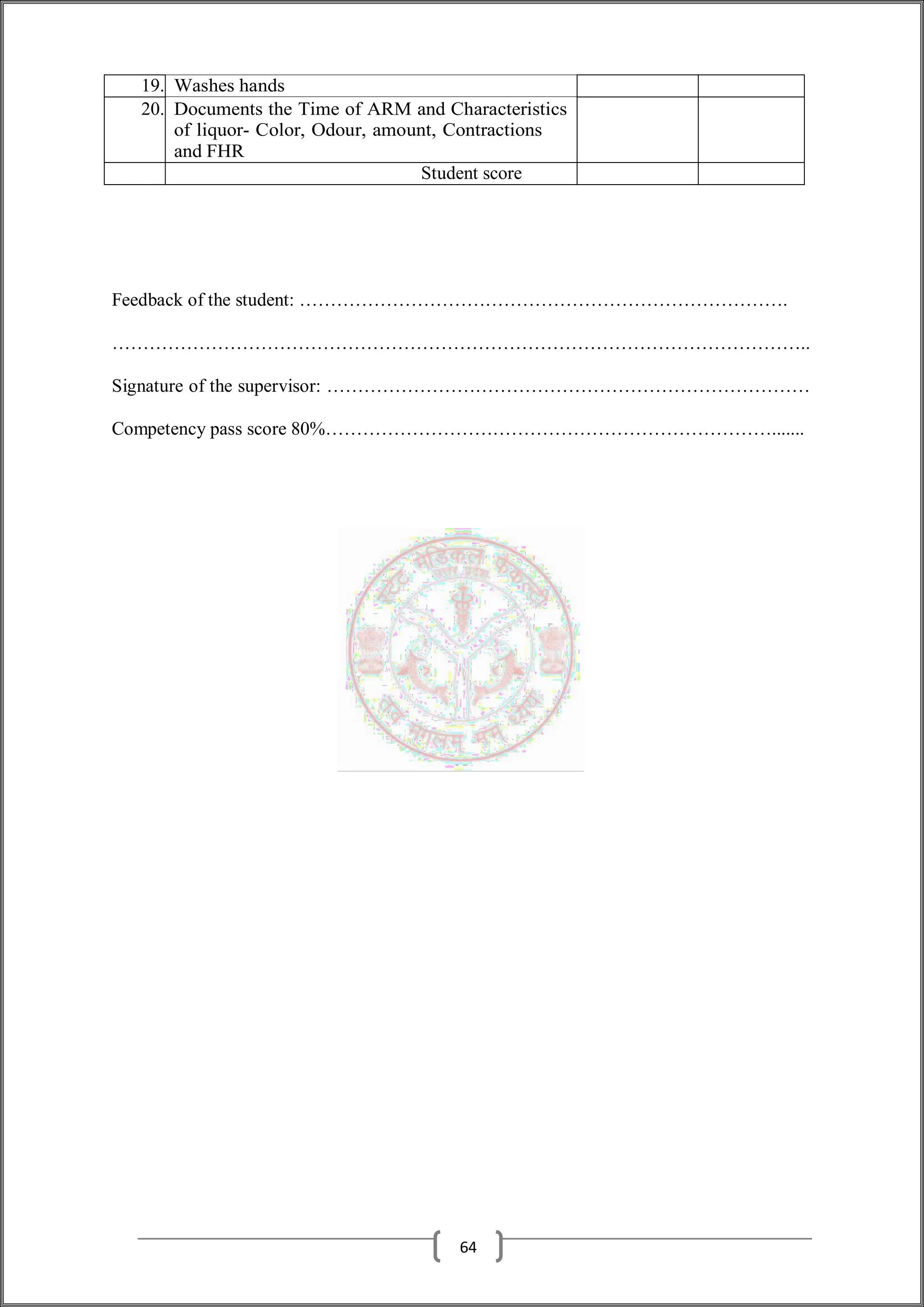 19. Washes hands
20. Documents the Time of ARM and Characteristics
of liquor- Color, Odour, amount, Contractions
and FHR
Student score
Feedback of the student: …………………………………………………………………….
…………………………………………………………………………………………………..
Signature of the supervisor: ……………………………………………………………………
Competency pass score 80%……………………………………………………………….......
64
 