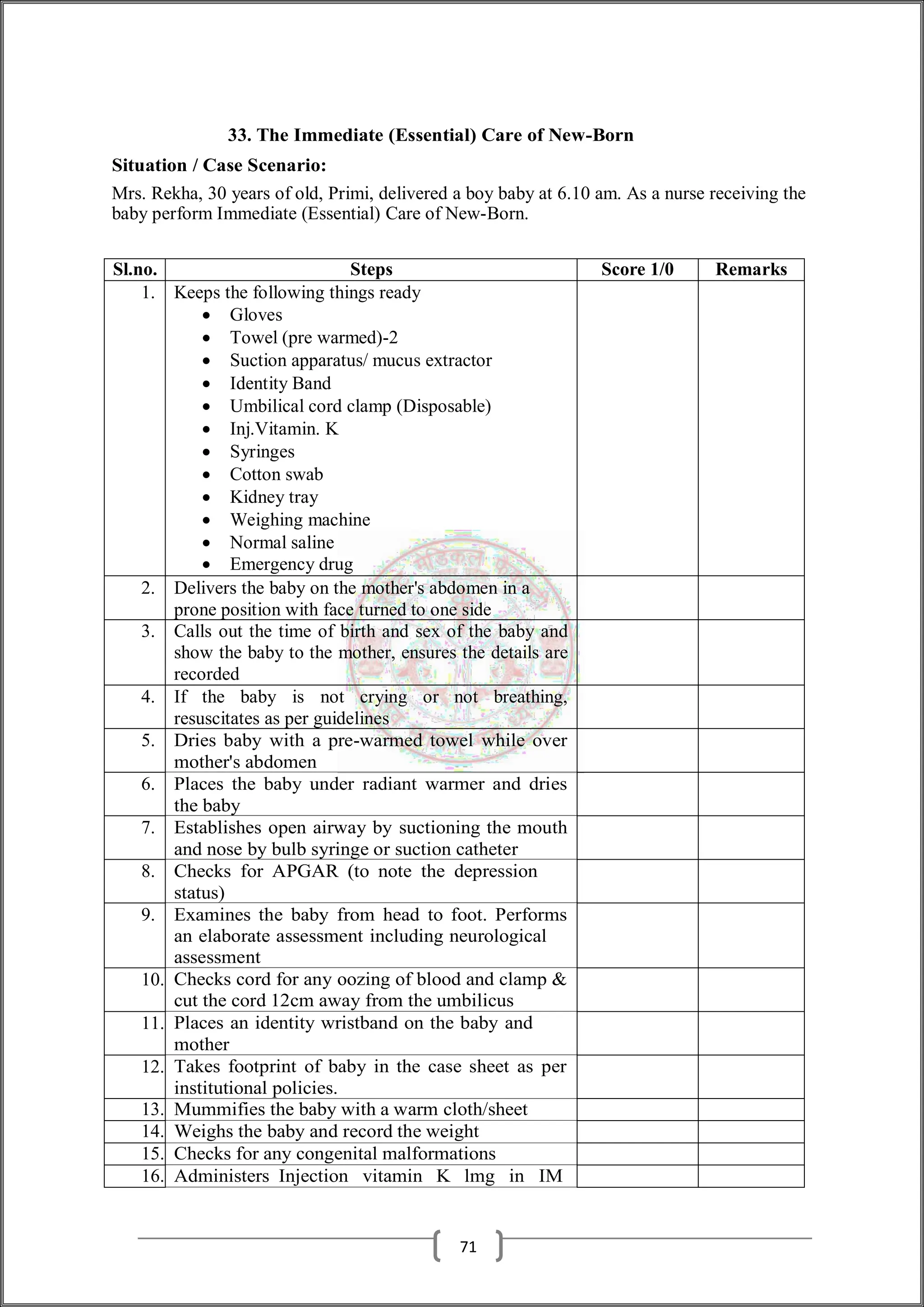 33. The Immediate (Essential) Care of New-Born
Situation / Case Scenario:
Mrs. Rekha, 30 years of old, Primi, delivered a boy baby at 6.10 am. As a nurse receiving the
baby perform Immediate (Essential) Care of New-Born.
Sl.no. Steps Score 1/0 Remarks
1. Keeps the following things ready
 Gloves
 Towel (pre warmed)-2
 Suction apparatus/ mucus extractor
 Identity Band
 Umbilical cord clamp (Disposable)
 Inj.Vitamin. K
 Syringes
 Cotton swab
 Kidney tray
 Weighing machine
 Normal saline
 Emergency drug
2. Delivers the baby on the mother's abdomen in a
prone position with face turned to one side
3. Calls out the time of birth and sex of the baby and
show the baby to the mother, ensures the details are
recorded
4. If the baby is not crying or not breathing,
resuscitates as per guidelines
5. Dries baby with a pre-warmed towel while over
mother's abdomen
6. Places the baby under radiant warmer and dries
the baby
7. Establishes open airway by suctioning the mouth
and nose by bulb syringe or suction catheter
8. Checks for APGAR (to note the depression
status)
9. Examines the baby from head to foot. Performs
an elaborate assessment including neurological
assessment
10. Checks cord for any oozing of blood and clamp &
cut the cord 12cm away from the umbilicus
11. Places an identity wristband on the baby and
mother
12. Takes footprint of baby in the case sheet as per
institutional policies.
13. Mummifies the baby with a warm cloth/sheet
14. Weighs the baby and record the weight
15. Checks for any congenital malformations
16. Administers Injection vitamin K lmg in IM
71
 