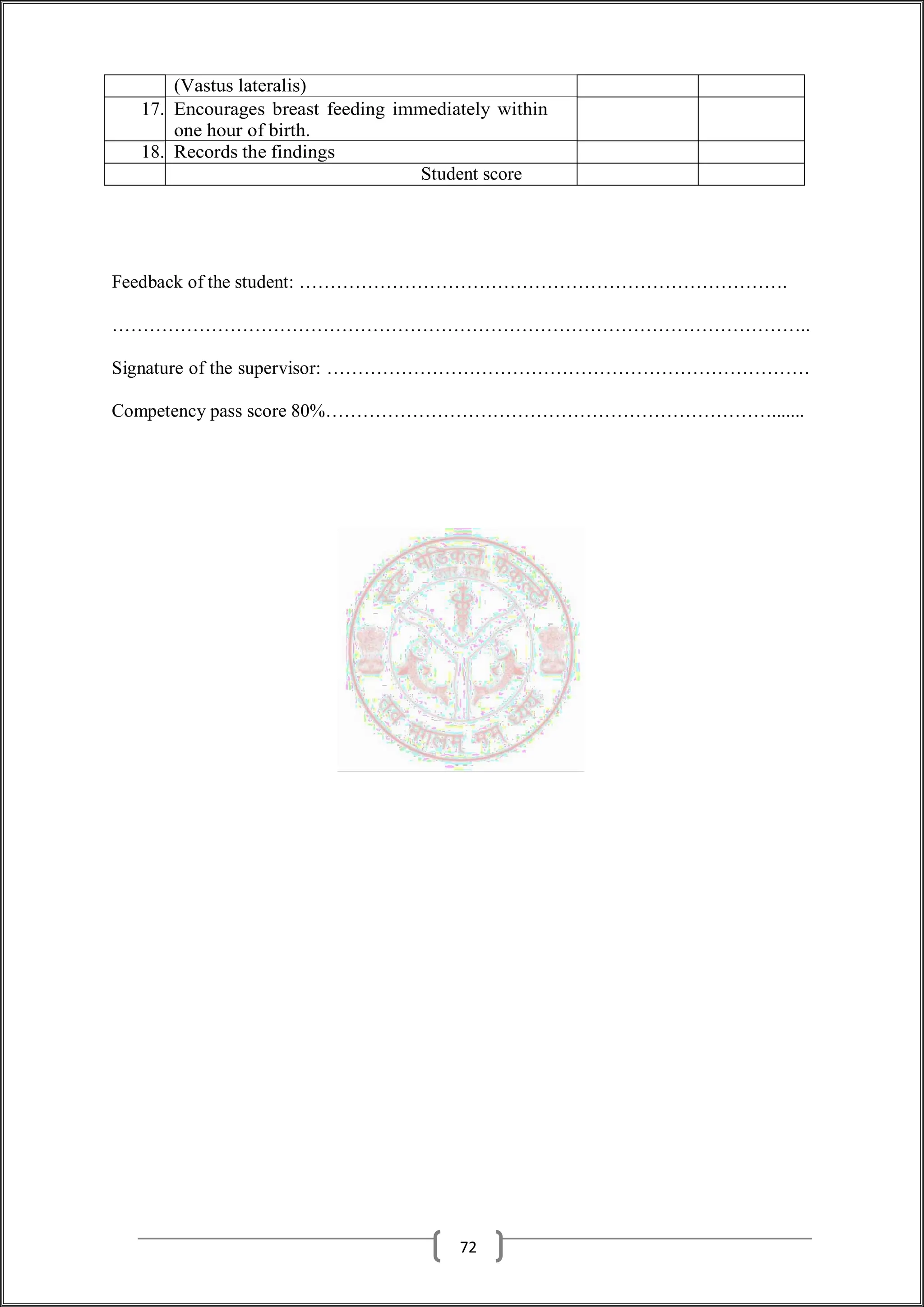(Vastus lateralis)
17. Encourages breast feeding immediately within
one hour of birth.
18. Records the findings
Student score
Feedback of the student: …………………………………………………………………….
…………………………………………………………………………………………………..
Signature of the supervisor: ……………………………………………………………………
Competency pass score 80%……………………………………………………………….......
72
 