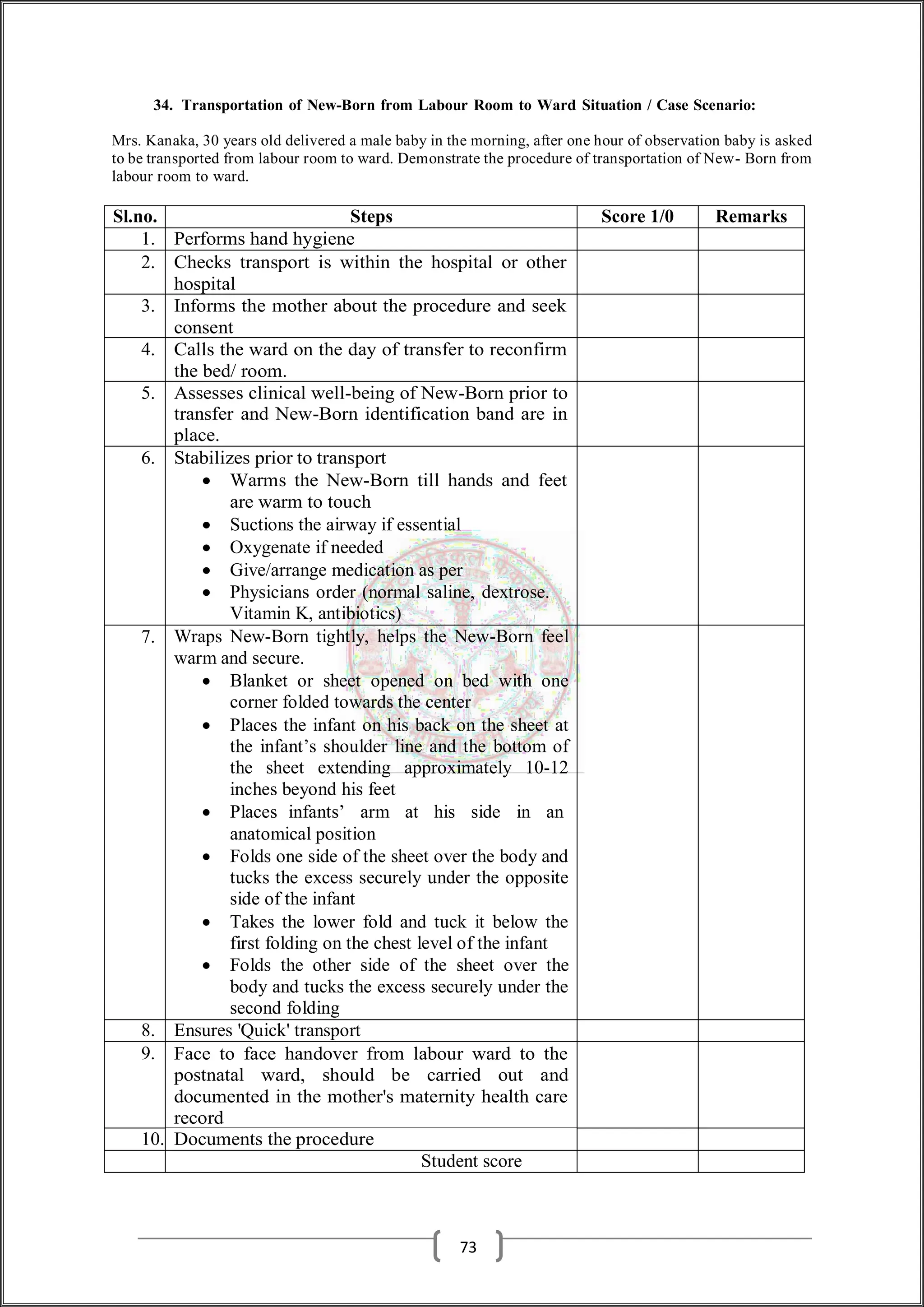 34. Transportation of New-Born from Labour Room to Ward Situation / Case Scenario:
Mrs. Kanaka, 30 years old delivered a male baby in the morning, after one hour of observation baby is asked
to be transported from labour room to ward. Demonstrate the procedure of transportation of New- Born from
labour room to ward.
Sl.no. Steps Score 1/0 Remarks
1. Performs hand hygiene
2. Checks transport is within the hospital or other
hospital
3. Informs the mother about the procedure and seek
consent
4. Calls the ward on the day of transfer to reconfirm
the bed/ room.
5. Assesses clinical well-being of New-Born prior to
transfer and New-Born identification band are in
place.
6. Stabilizes prior to transport
 Warms the New-Born till hands and feet
are warm to touch
 Suctions the airway if essential
 Oxygenate if needed
 Give/arrange medication as per
 Physicians order (normal saline, dextrose.
Vitamin K, antibiotics)
7. Wraps New-Born tightly, helps the New-Born feel
warm and secure.
 Blanket or sheet opened on bed with one
corner folded towards the center
 Places the infant on his back on the sheet at
the infant’s shoulder line and the bottom of
the sheet extending approximately 10-12
inches beyond his feet
 Places infants’ arm at his side in an
anatomical position
 Folds one side of the sheet over the body and
tucks the excess securely under the opposite
side of the infant
 Takes the lower fold and tuck it below the
first folding on the chest level of the infant
 Folds the other side of the sheet over the
body and tucks the excess securely under the
second folding
8. Ensures 'Quick' transport
9. Face to face handover from labour ward to the
postnatal ward, should be carried out and
documented in the mother's maternity health care
record
10. Documents the procedure
Student score
73
 