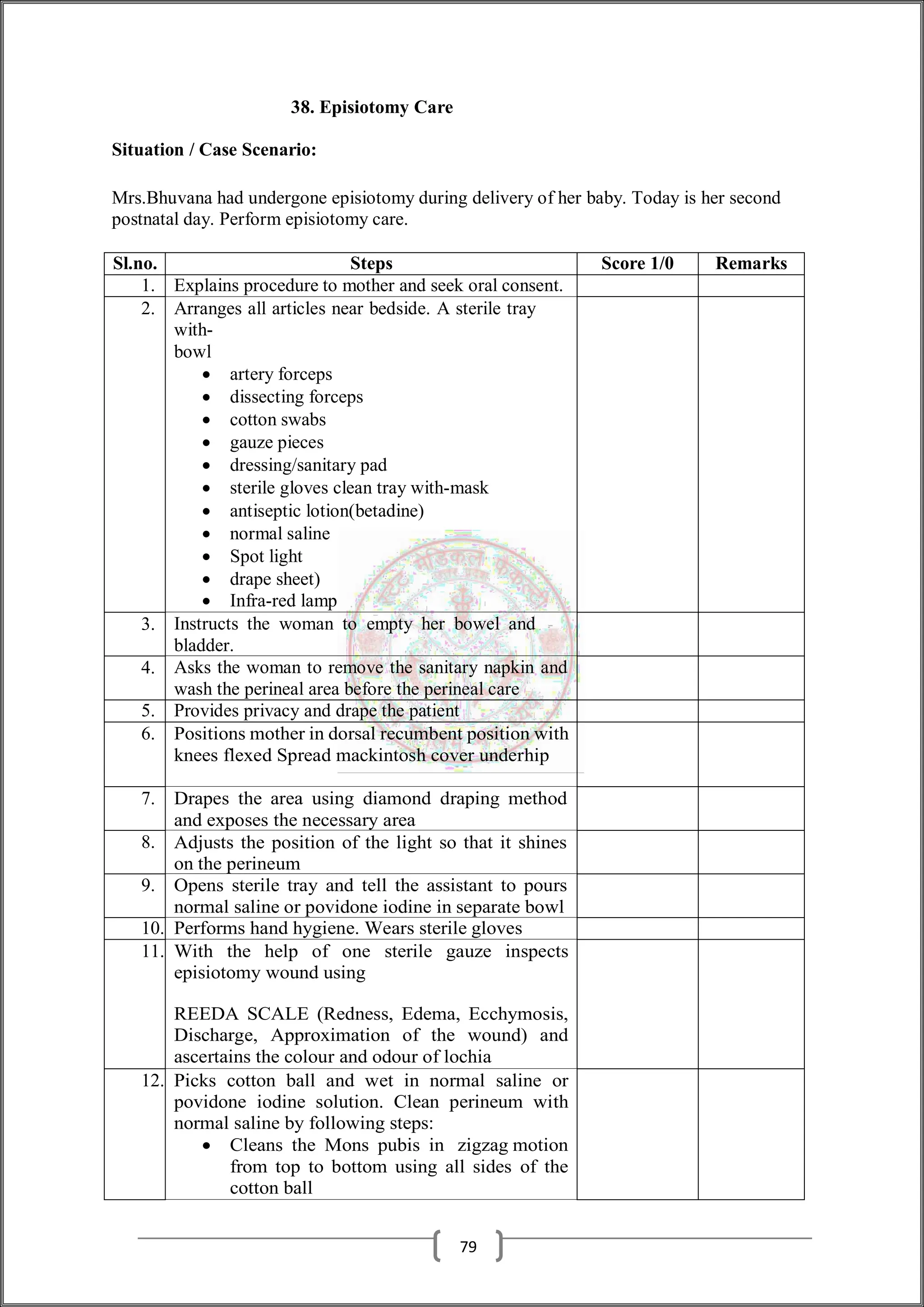 38. Episiotomy Care
Situation / Case Scenario:
Mrs.Bhuvana had undergone episiotomy during delivery of her baby. Today is her second
postnatal day. Perform episiotomy care.
Sl.no. Steps Score 1/0 Remarks
1. Explains procedure to mother and seek oral consent.
2. Arranges all articles near bedside. A sterile tray
with-
bowl
 artery forceps
 dissecting forceps
 cotton swabs
 gauze pieces
 dressing/sanitary pad
 sterile gloves clean tray with-mask
 antiseptic lotion(betadine)
 normal saline
 Spot light
 drape sheet)
 Infra-red lamp
3. Instructs the woman to empty her bowel and
bladder.
4. Asks the woman to remove the sanitary napkin and
wash the perineal area before the perineal care
5. Provides privacy and drape the patient
6. Positions mother in dorsal recumbent position with
knees flexed Spread mackintosh cover underhip
7. Drapes the area using diamond draping method
and exposes the necessary area
8. Adjusts the position of the light so that it shines
on the perineum
9. Opens sterile tray and tell the assistant to pours
normal saline or povidone iodine in separate bowl
10. Performs hand hygiene. Wears sterile gloves
11. With the help of one sterile gauze inspects
episiotomy wound using
REEDA SCALE (Redness, Edema, Ecchymosis,
Discharge, Approximation of the wound) and
ascertains the colour and odour of lochia
12. Picks cotton ball and wet in normal saline or
povidone iodine solution. Clean perineum with
normal saline by following steps:
 Cleans the Mons pubis in zigzag motion
from top to bottom using all sides of the
cotton ball
79
 