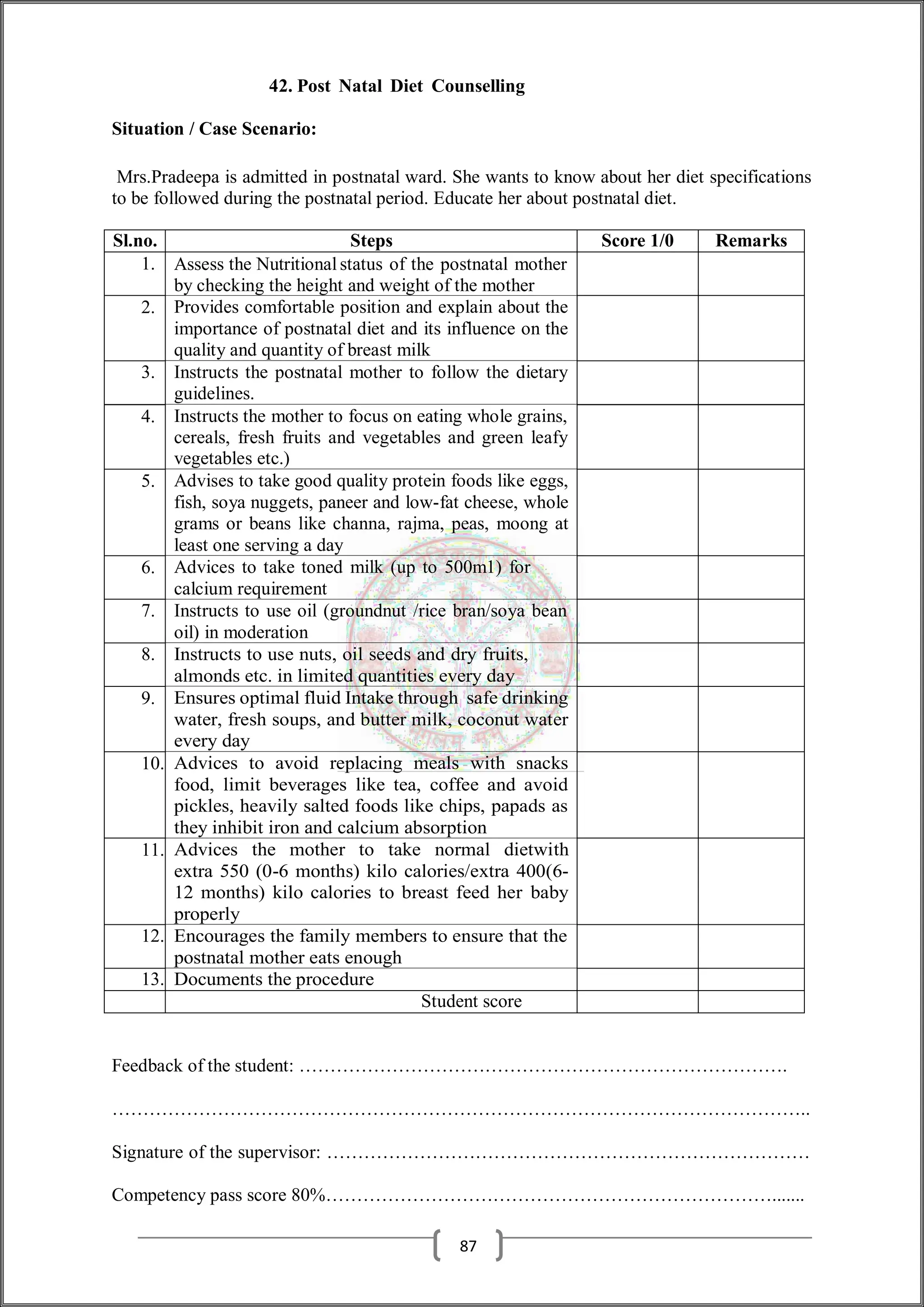 42. Post Natal Diet Counselling
Situation / Case Scenario:
Mrs.Pradeepa is admitted in postnatal ward. She wants to know about her diet specifications
to be followed during the postnatal period. Educate her about postnatal diet.
Sl.no. Steps Score 1/0 Remarks
1. Assess the Nutritional status of the postnatal mother
by checking the height and weight of the mother
2. Provides comfortable position and explain about the
importance of postnatal diet and its influence on the
quality and quantity of breast milk
3. Instructs the postnatal mother to follow the dietary
guidelines.
4. Instructs the mother to focus on eating whole grains,
cereals, fresh fruits and vegetables and green leafy
vegetables etc.)
5. Advises to take good quality protein foods like eggs,
fish, soya nuggets, paneer and low-fat cheese, whole
grams or beans like channa, rajma, peas, moong at
least one serving a day
6. Advices to take toned milk (up to 500m1) for
calcium requirement
7. Instructs to use oil (groundnut /rice bran/soya bean
oil) in moderation
8. Instructs to use nuts, oil seeds and dry fruits,
almonds etc. in limited quantities every day
9. Ensures optimal fluid Intake through safe drinking
water, fresh soups, and butter milk, coconut water
every day
10. Advices to avoid replacing meals with snacks
food, limit beverages like tea, coffee and avoid
pickles, heavily salted foods like chips, papads as
they inhibit iron and calcium absorption
11. Advices the mother to take normal dietwith
extra 550 (0-6 months) kilo calories/extra 400(6-
12 months) kilo calories to breast feed her baby
properly
12. Encourages the family members to ensure that the
postnatal mother eats enough
13. Documents the procedure
Student score
Feedback of the student: …………………………………………………………………….
…………………………………………………………………………………………………..
Signature of the supervisor: ……………………………………………………………………
Competency pass score 80%……………………………………………………………….......
87
 