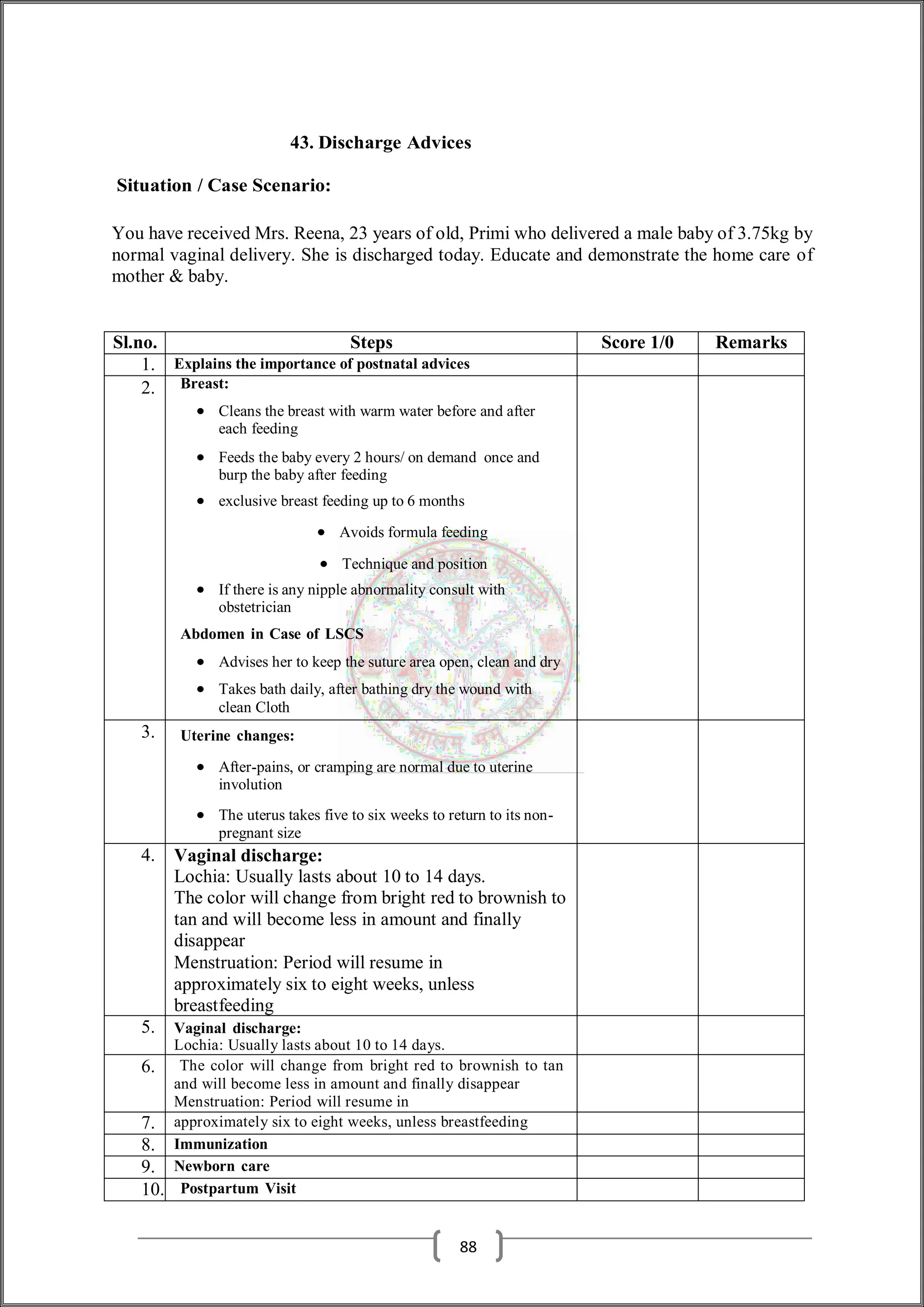 43. Discharge Advices
Situation / Case Scenario:
You have received Mrs. Reena, 23 years of old, Primi who delivered a male baby of 3.75kg by
normal vaginal delivery. She is discharged today. Educate and demonstrate the home care of
mother & baby.
Sl.no. Steps Score 1/0 Remarks
1. Explains the importance of postnatal advices
2. Breast:
 Cleans the breast with warm water before and after
each feeding
 Feeds the baby every 2 hours/ on demand once and
burp the baby after feeding
 exclusive breast feeding up to 6 months
 Avoids formula feeding
 Technique and position
 If there is any nipple abnormality consult with
obstetrician
Abdomen in Case of LSCS
 Advises her to keep the suture area open, clean and dry
 Takes bath daily, after bathing dry the wound with
clean Cloth
3. Uterine changes:
 After-pains, or cramping are normal due to uterine
involution
 The uterus takes five to six weeks to return to its non-
pregnant size
4. Vaginal discharge:
Lochia: Usually lasts about 10 to 14 days.
The color will change from bright red to brownish to
tan and will become less in amount and finally
disappear
Menstruation: Period will resume in
approximately six to eight weeks, unless
breastfeeding
5. Vaginal discharge:
Lochia: Usually lasts about 10 to 14 days.
6. The color will change from bright red to brownish to tan
and will become less in amount and finally disappear
Menstruation: Period will resume in
7. approximately six to eight weeks, unless breastfeeding
8. Immunization
9. Newborn care
10. Postpartum Visit
88
 