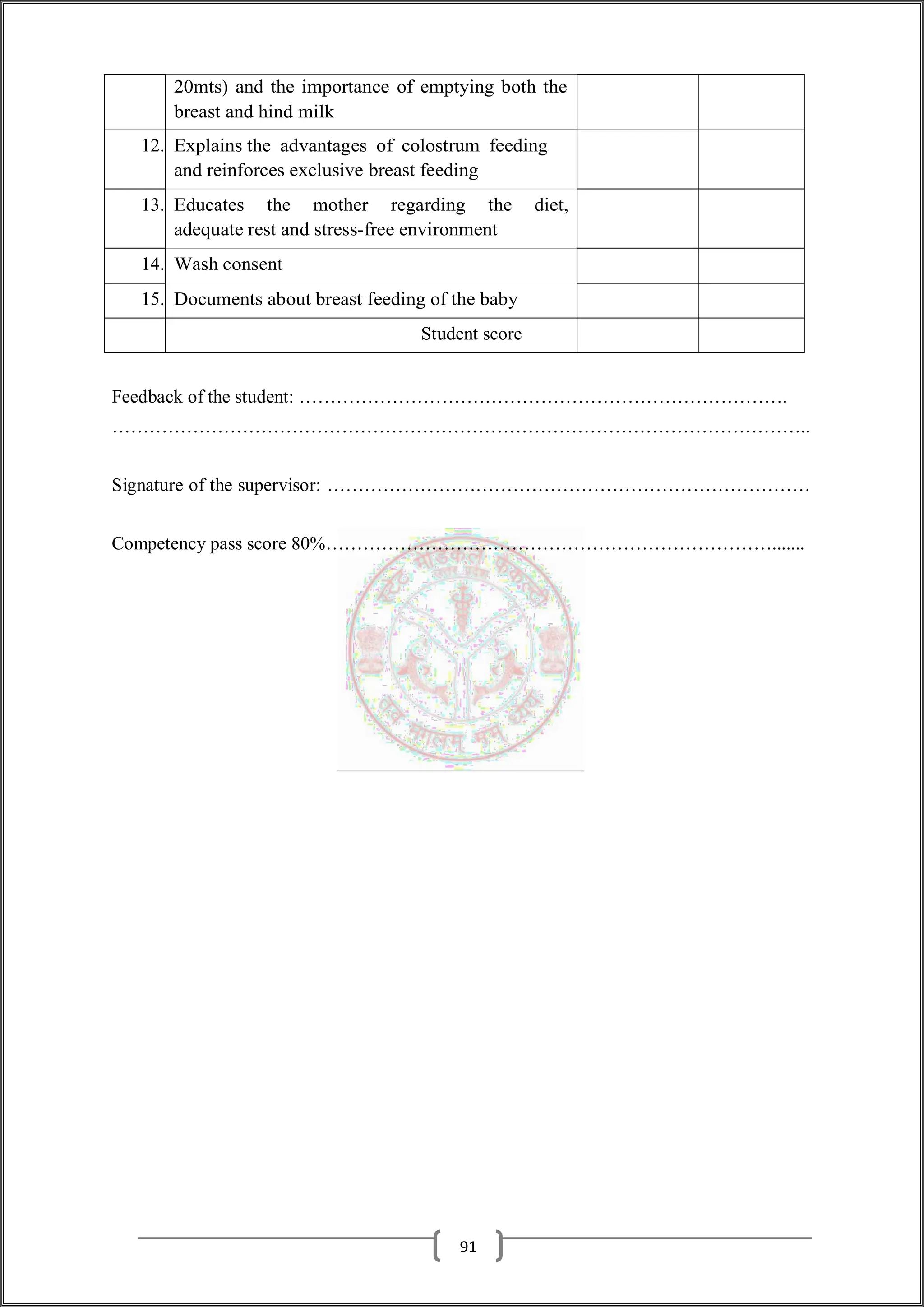 20mts) and the importance of emptying both the
breast and hind milk
12. Explains the advantages of colostrum feeding
and reinforces exclusive breast feeding
13. Educates the mother regarding the diet,
adequate rest and stress-free environment
14. Wash consent
15. Documents about breast feeding of the baby
Student score
Feedback of the student: …………………………………………………………………….
…………………………………………………………………………………………………..
Signature of the supervisor: ……………………………………………………………………
Competency pass score 80%……………………………………………………………….......
91
 