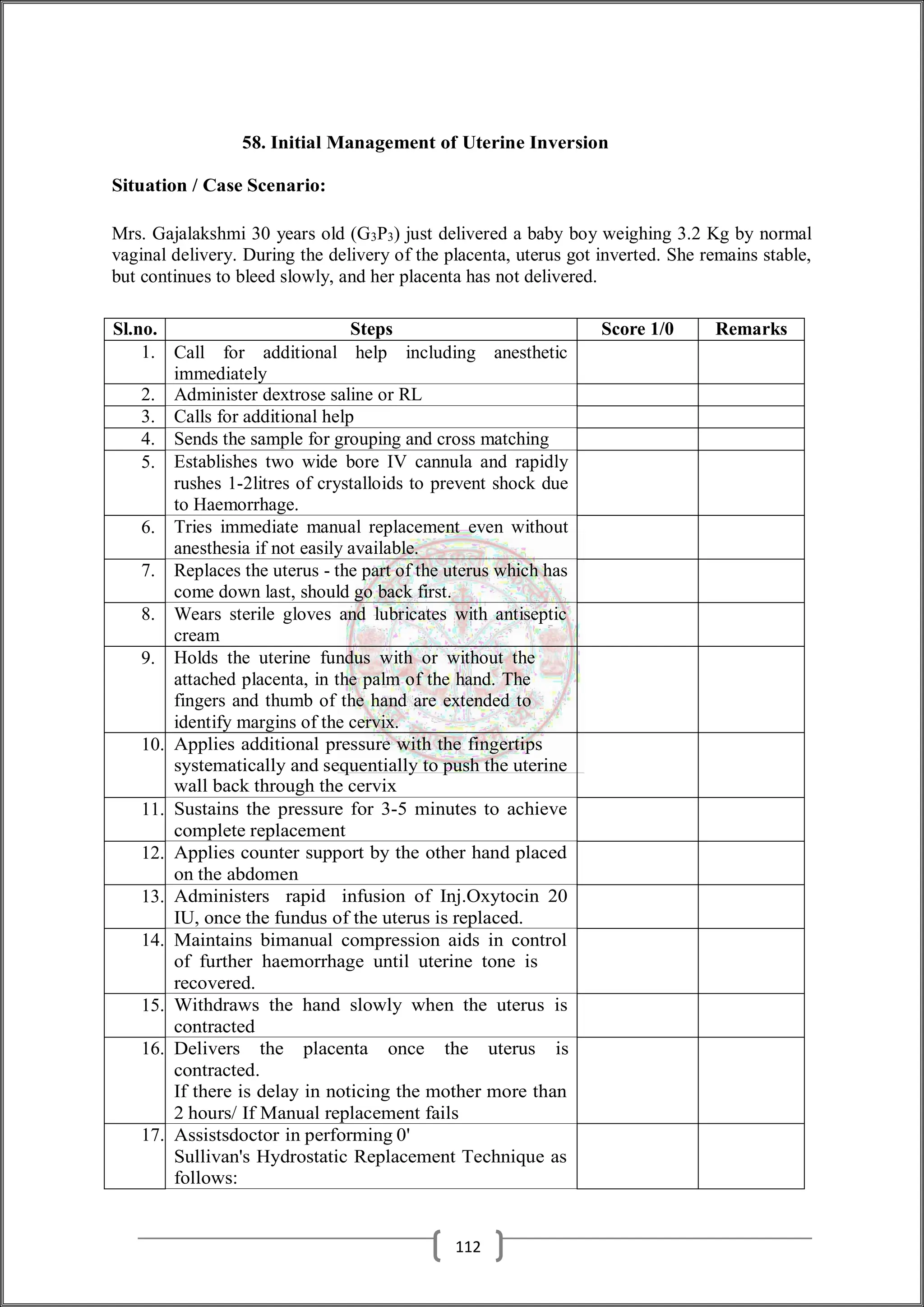 58. Initial Management of Uterine Inversion
Situation / Case Scenario:
Mrs. Gajalakshmi 30 years old (G3P3) just delivered a baby boy weighing 3.2 Kg by normal
vaginal delivery. During the delivery of the placenta, uterus got inverted. She remains stable,
but continues to bleed slowly, and her placenta has not delivered.
Sl.no. Steps Score 1/0 Remarks
1. Call for additional help including anesthetic
immediately
2. Administer dextrose saline or RL
3. Calls for additional help
4. Sends the sample for grouping and cross matching
5. Establishes two wide bore IV cannula and rapidly
rushes 1-2litres of crystalloids to prevent shock due
to Haemorrhage.
6. Tries immediate manual replacement even without
anesthesia if not easily available.
7. Replaces the uterus - the part of the uterus which has
come down last, should go back first.
8. Wears sterile gloves and lubricates with antiseptic
cream
9. Holds the uterine fundus with or without the
attached placenta, in the palm of the hand. The
fingers and thumb of the hand are extended to
identify margins of the cervix.
10. Applies additional pressure with the fingertips
systematically and sequentially to push the uterine
wall back through the cervix
11. Sustains the pressure for 3-5 minutes to achieve
complete replacement
12. Applies counter support by the other hand placed
on the abdomen
13. Administers rapid infusion of Inj.Oxytocin 20
IU, once the fundus of the uterus is replaced.
14. Maintains bimanual compression aids in control
of further haemorrhage until uterine tone is
recovered.
15. Withdraws the hand slowly when the uterus is
contracted
16. Delivers the placenta once the uterus is
contracted.
If there is delay in noticing the mother more than
2 hours/ If Manual replacement fails
17. Assistsdoctor in performing 0'
Sullivan's Hydrostatic Replacement Technique as
follows:
112
 