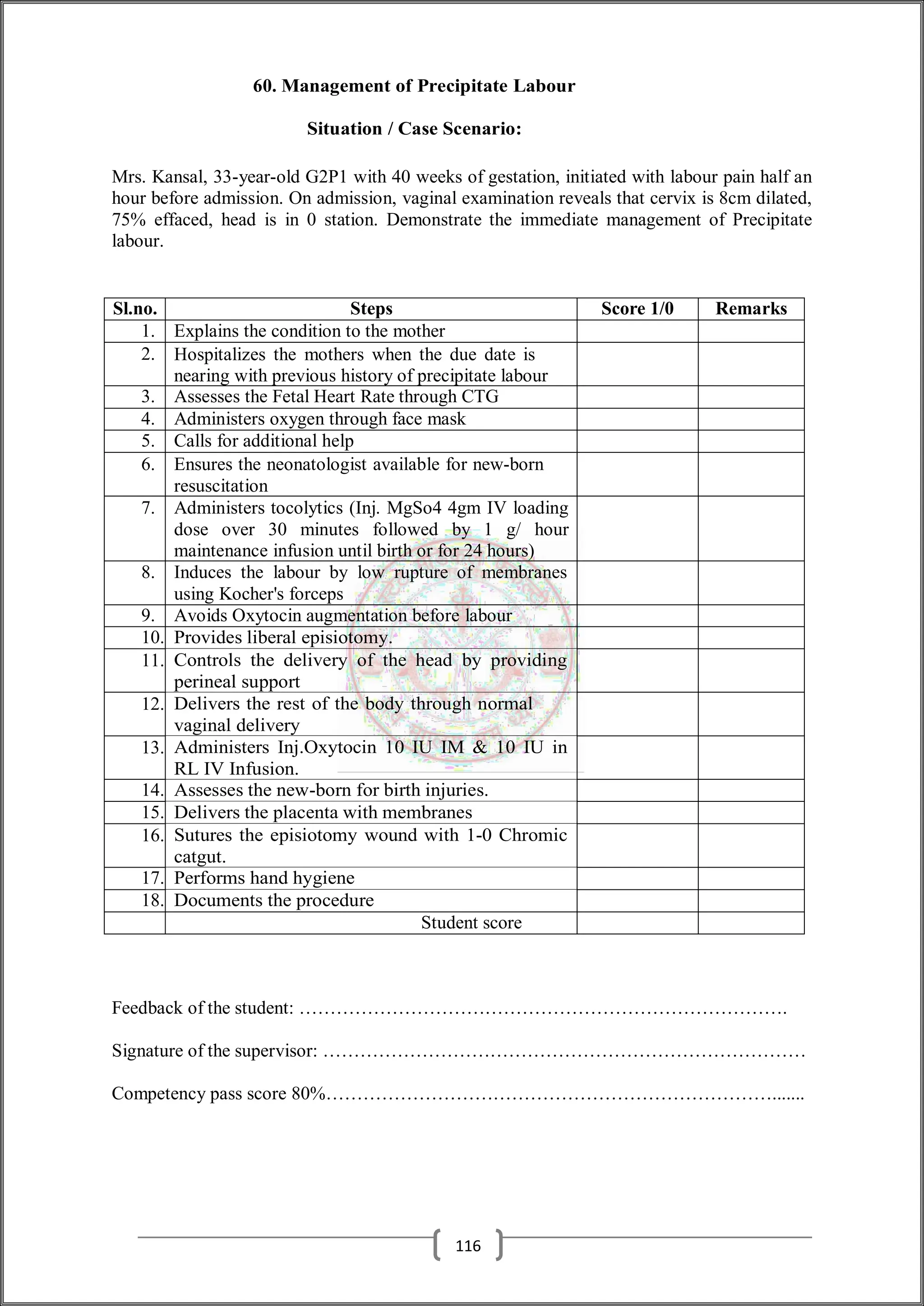 60. Management of Precipitate Labour
Situation / Case Scenario:
Mrs. Kansal, 33-year-old G2P1 with 40 weeks of gestation, initiated with labour pain half an
hour before admission. On admission, vaginal examination reveals that cervix is 8cm dilated,
75% effaced, head is in 0 station. Demonstrate the immediate management of Precipitate
labour.
Sl.no. Steps Score 1/0 Remarks
1. Explains the condition to the mother
2. Hospitalizes the mothers when the due date is
nearing with previous history of precipitate labour
3. Assesses the Fetal Heart Rate through CTG
4. Administers oxygen through face mask
5. Calls for additional help
6. Ensures the neonatologist available for new-born
resuscitation
7. Administers tocolytics (Inj. MgSo4 4gm IV loading
dose over 30 minutes followed by 1 g/ hour
maintenance infusion until birth or for 24 hours)
8. Induces the labour by low rupture of membranes
using Kocher's forceps
9. Avoids Oxytocin augmentation before labour
10. Provides liberal episiotomy.
11. Controls the delivery of the head by providing
perineal support
12. Delivers the rest of the body through normal
vaginal delivery
13. Administers Inj.Oxytocin 10 IU IM & 10 IU in
RL IV Infusion.
14. Assesses the new-born for birth injuries.
15. Delivers the placenta with membranes
16. Sutures the episiotomy wound with 1-0 Chromic
catgut.
17. Performs hand hygiene
18. Documents the procedure
Student score
Feedback of the student: …………………………………………………………………….
Signature of the supervisor: ……………………………………………………………………
Competency pass score 80%……………………………………………………………….......
116
 