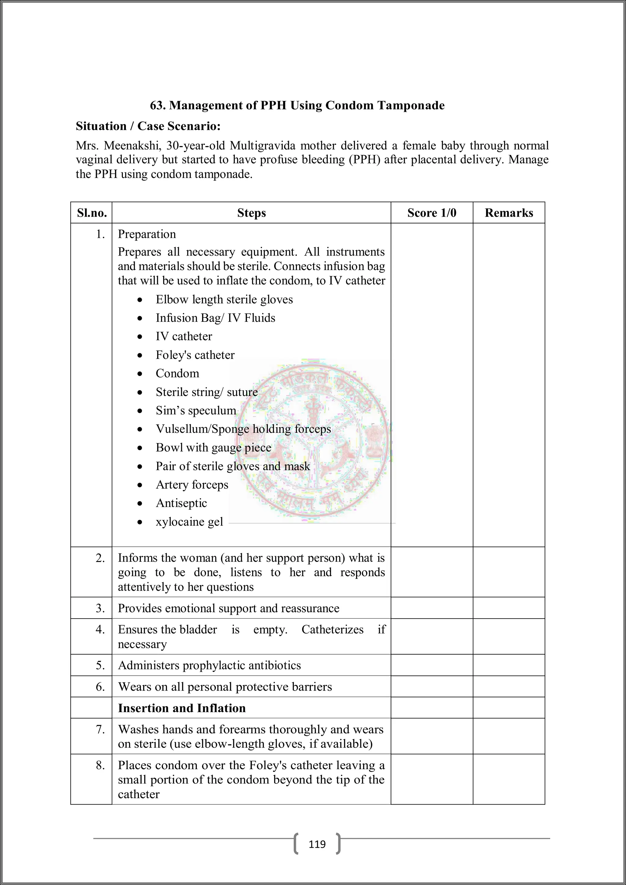 63. Management of PPH Using Condom Tamponade
Situation / Case Scenario:
Mrs. Meenakshi, 30-year-old Multigravida mother delivered a female baby through normal
vaginal delivery but started to have profuse bleeding (PPH) after placental delivery. Manage
the PPH using condom tamponade.
Sl.no. Steps Score 1/0 Remarks
1. Preparation
Prepares all necessary equipment. All instruments
and materials should be sterile. Connects infusion bag
that will be used to inflate the condom, to IV catheter
 Elbow length sterile gloves
 Infusion Bag/ IV Fluids
 IV catheter
 Foley's catheter
 Condom
 Sterile string/ suture
 Sim’s speculum
 Vulsellum/Sponge holding forceps
 Bowl with gauge piece
 Pair of sterile gloves and mask
 Artery forceps
 Antiseptic
 xylocaine gel
2. Informs the woman (and her support person) what is
going to be done, listens to her and responds
attentively to her questions
3. Provides emotional support and reassurance
4. Ensures the bladder is empty. Catheterizes if
necessary
5. Administers prophylactic antibiotics
6. Wears on all personal protective barriers
Insertion and Inflation
7. Washes hands and forearms thoroughly and wears
on sterile (use elbow-length gloves, if available)
8. Places condom over the Foley's catheter leaving a
small portion of the condom beyond the tip of the
catheter
119
 