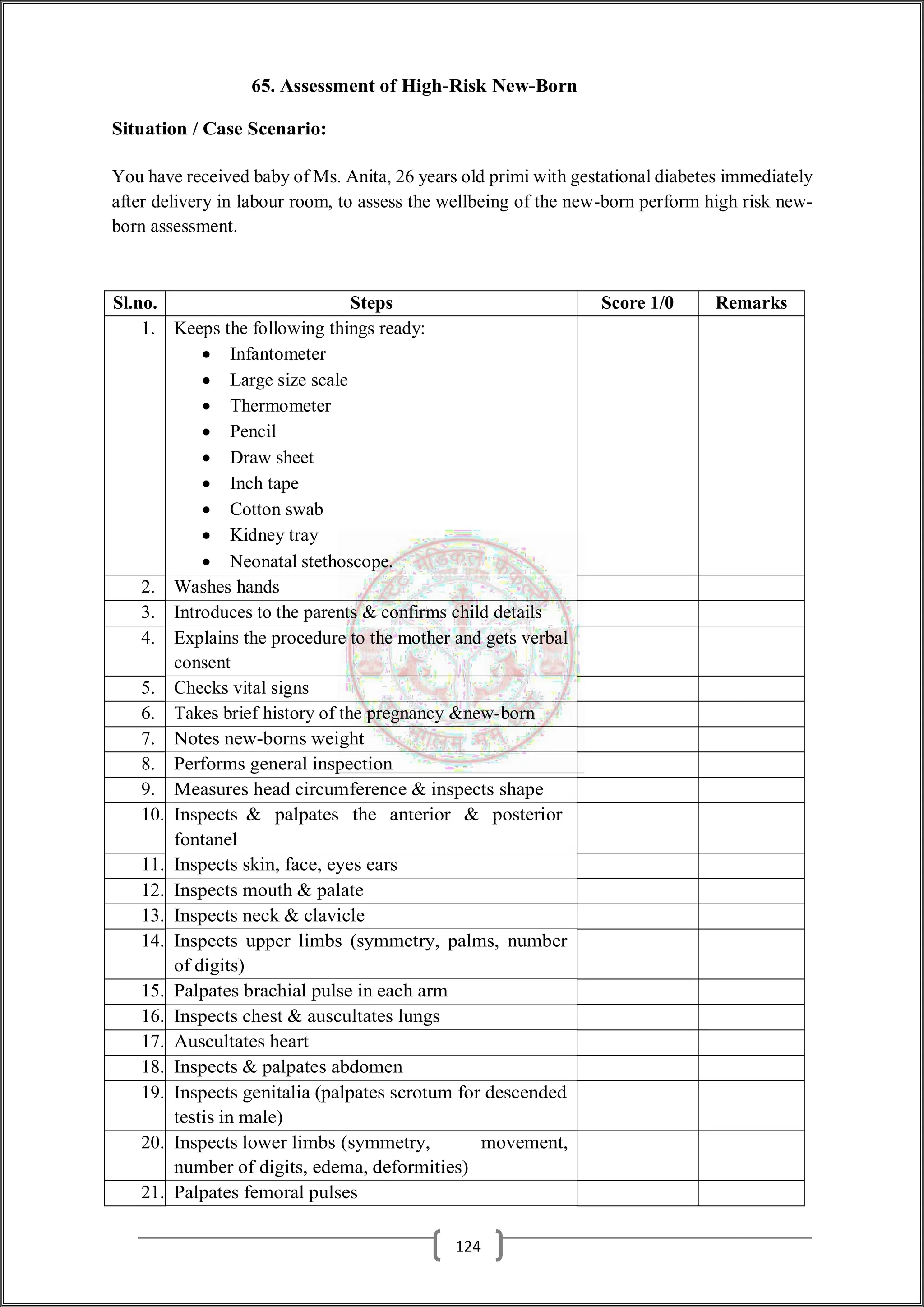 65. Assessment of High-Risk New-Born
Situation / Case Scenario:
You have received baby of Ms. Anita, 26 years old primi with gestational diabetes immediately
after delivery in labour room, to assess the wellbeing of the new-born perform high risk new-
born assessment.
Sl.no. Steps Score 1/0 Remarks
1. Keeps the following things ready:
 Infantometer
 Large size scale
 Thermometer
 Pencil
 Draw sheet
 Inch tape
 Cotton swab
 Kidney tray
 Neonatal stethoscope.
2. Washes hands
3. Introduces to the parents & confirms child details
4. Explains the procedure to the mother and gets verbal
consent
5. Checks vital signs
6. Takes brief history of the pregnancy &new-born
7. Notes new-borns weight
8. Performs general inspection
9. Measures head circumference & inspects shape
10. Inspects & palpates the anterior & posterior
fontanel
11. Inspects skin, face, eyes ears
12. Inspects mouth & palate
13. Inspects neck & clavicle
14. Inspects upper limbs (symmetry, palms, number
of digits)
15. Palpates brachial pulse in each arm
16. Inspects chest & auscultates lungs
17. Auscultates heart
18. Inspects & palpates abdomen
19. Inspects genitalia (palpates scrotum for descended
testis in male)
20. Inspects lower limbs (symmetry, movement,
number of digits, edema, deformities)
21. Palpates femoral pulses
124
 