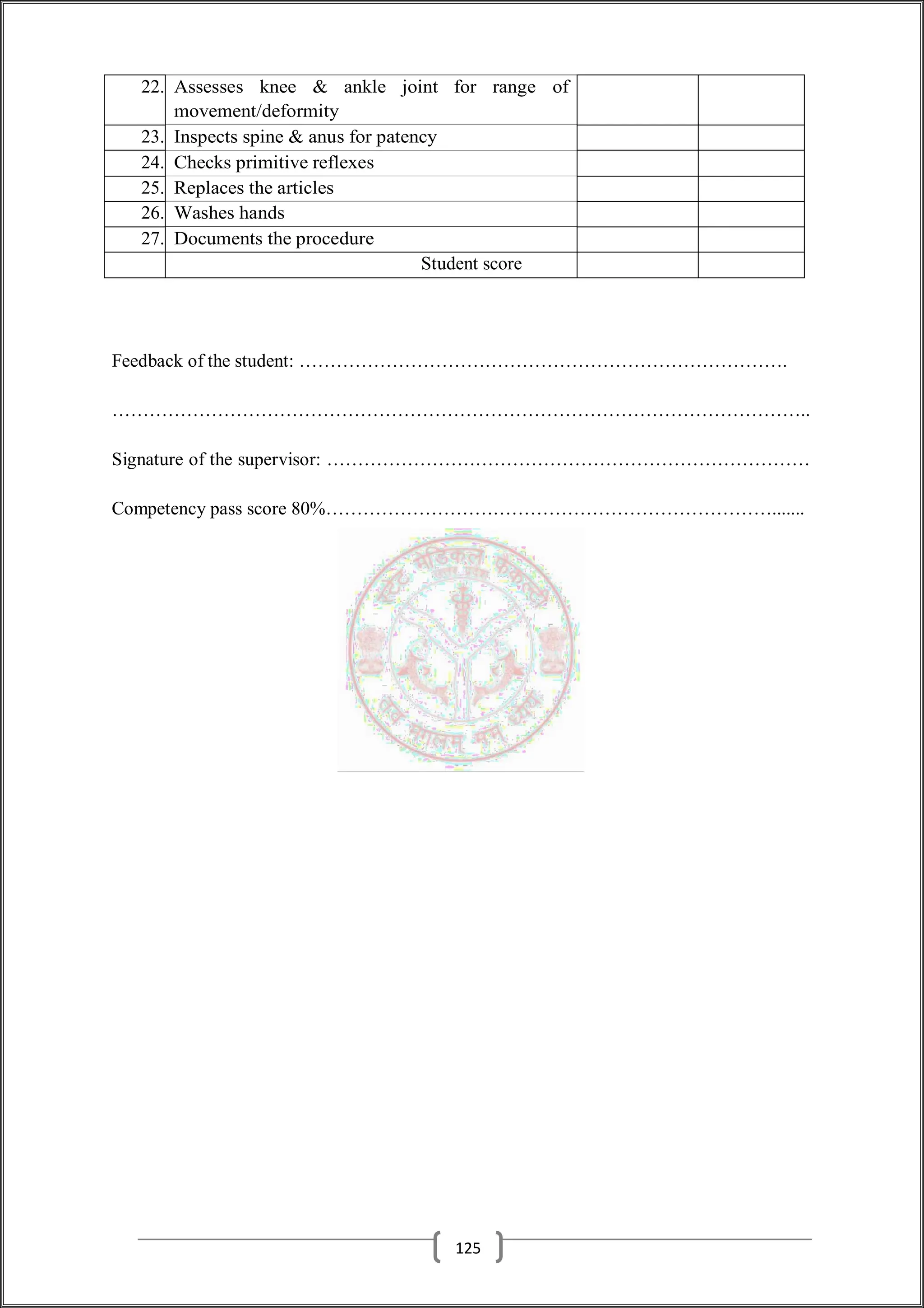 22. Assesses knee & ankle joint for range of
movement/deformity
23. Inspects spine & anus for patency
24. Checks primitive reflexes
25. Replaces the articles
26. Washes hands
27. Documents the procedure
Student score
Feedback of the student: …………………………………………………………………….
…………………………………………………………………………………………………..
Signature of the supervisor: ……………………………………………………………………
Competency pass score 80%……………………………………………………………….......
125
 
