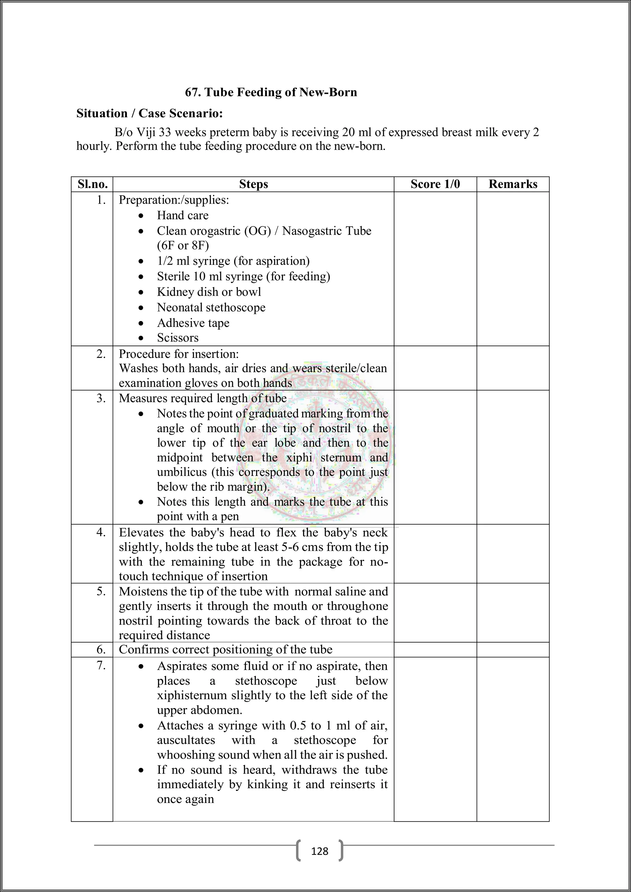 67. Tube Feeding of New-Born
Situation / Case Scenario:
B/o Viji 33 weeks preterm baby is receiving 20 ml of expressed breast milk every 2
hourly. Perform the tube feeding procedure on the new-born.
Sl.no. Steps Score 1/0 Remarks
1. Preparation:/supplies:
 Hand care
 Clean orogastric (OG) / Nasogastric Tube
(6F or 8F)
 1/2 ml syringe (for aspiration)
 Sterile 10 ml syringe (for feeding)
 Kidney dish or bowl
 Neonatal stethoscope
 Adhesive tape
 Scissors
2. Procedure for insertion:
Washes both hands, air dries and wears sterile/clean
examination gloves on both hands
3. Measures required length of tube
 Notes the point of graduated marking from the
angle of mouth or the tip of nostril to the
lower tip of the ear lobe and then to the
midpoint between the xiphi sternum and
umbilicus (this corresponds to the point just
below the rib margin).
 Notes this length and marks the tube at this
point with a pen
4. Elevates the baby's head to flex the baby's neck
slightly, holds the tube at least 5-6 cms from the tip
with the remaining tube in the package for no-
touch technique of insertion
5. Moistens the tip of the tube with normal saline and
gently inserts it through the mouth or throughone
nostril pointing towards the back of throat to the
required distance
6. Confirms correct positioning of the tube
7.  Aspirates some fluid or if no aspirate, then
places a stethoscope just below
xiphisternum slightly to the left side of the
upper abdomen.
 Attaches a syringe with 0.5 to 1 ml of air,
auscultates with a stethoscope for
whooshing sound when all the air is pushed.
 If no sound is heard, withdraws the tube
immediately by kinking it and reinserts it
once again
128
 