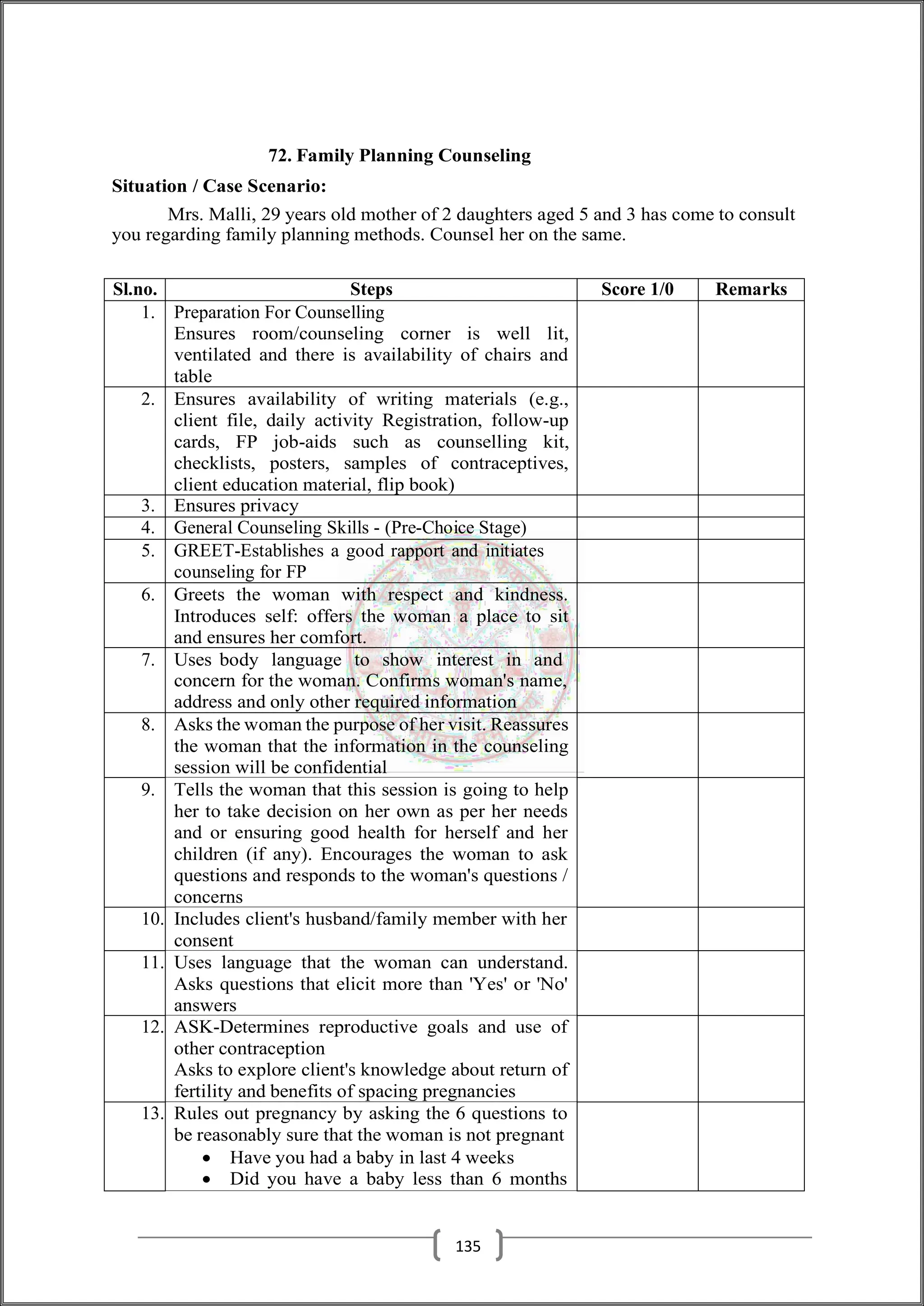 72. Family Planning Counseling
Situation / Case Scenario:
Mrs. Malli, 29 years old mother of 2 daughters aged 5 and 3 has come to consult
you regarding family planning methods. Counsel her on the same.
Sl.no. Steps Score 1/0 Remarks
1. Preparation For Counselling
Ensures room/counseling corner is well lit,
ventilated and there is availability of chairs and
table
2. Ensures availability of writing materials (e.g.,
client file, daily activity Registration, follow-up
cards, FP job-aids such as counselling kit,
checklists, posters, samples of contraceptives,
client education material, flip book)
3. Ensures privacy
4. General Counseling Skills - (Pre-Choice Stage)
5. GREET-Establishes a good rapport and initiates
counseling for FP
6. Greets the woman with respect and kindness.
Introduces self: offers the woman a place to sit
and ensures her comfort.
7. Uses body language to show interest in and
concern for the woman. Confirms woman's name,
address and only other required information
8. Asks the woman the purpose of her visit. Reassures
the woman that the information in the counseling
session will be confidential
9. Tells the woman that this session is going to help
her to take decision on her own as per her needs
and or ensuring good health for herself and her
children (if any). Encourages the woman to ask
questions and responds to the woman's questions /
concerns
10. Includes client's husband/family member with her
consent
11. Uses language that the woman can understand.
Asks questions that elicit more than 'Yes' or 'No'
answers
12. ASK-Determines reproductive goals and use of
other contraception
Asks to explore client's knowledge about return of
fertility and benefits of spacing pregnancies
13. Rules out pregnancy by asking the 6 questions to
be reasonably sure that the woman is not pregnant
 Have you had a baby in last 4 weeks
 Did you have a baby less than 6 months
135
 