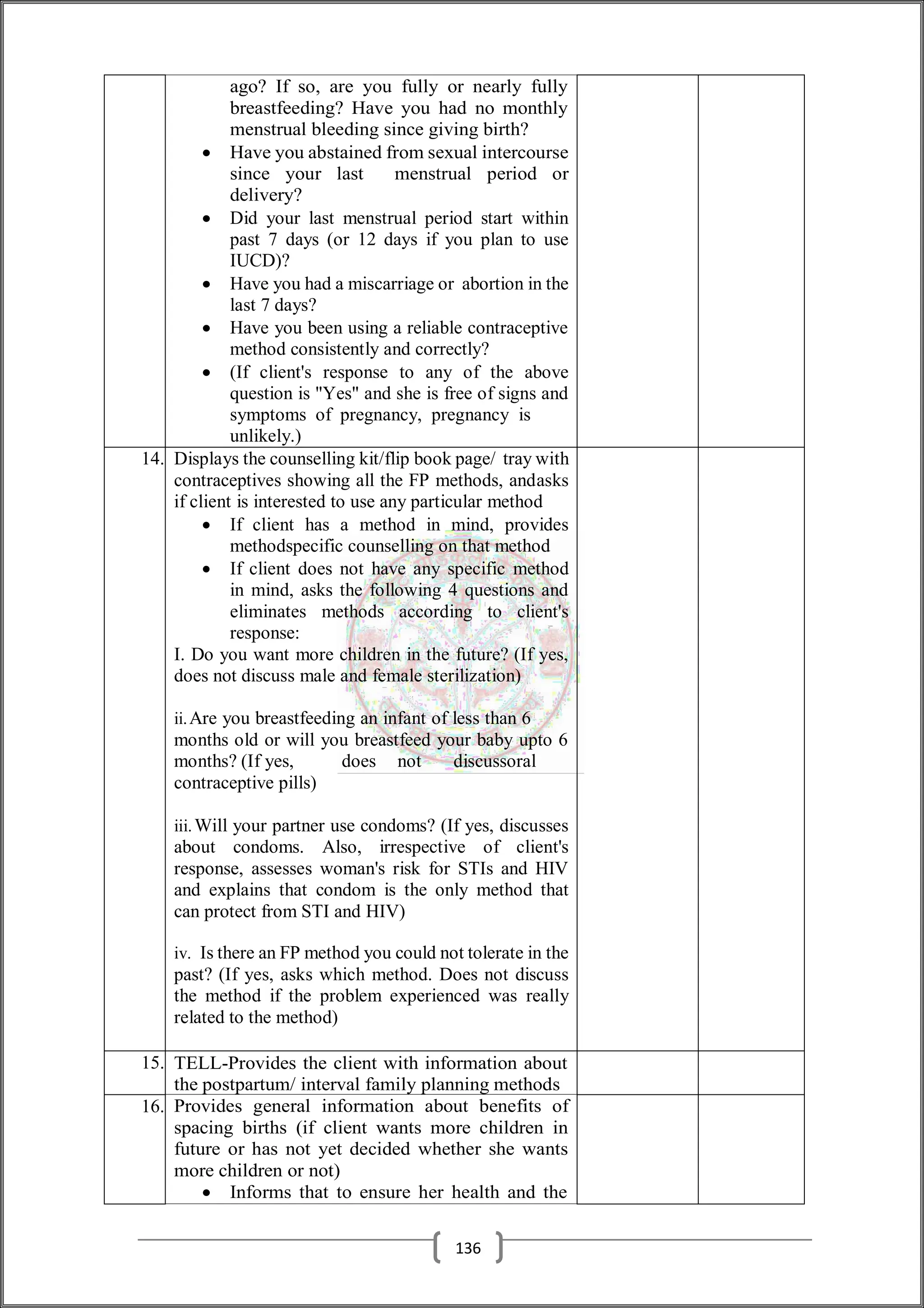 ago? If so, are you fully or nearly fully
breastfeeding? Have you had no monthly
menstrual bleeding since giving birth?
 Have you abstained from sexual intercourse
since your last menstrual period or
delivery?
 Did your last menstrual period start within
past 7 days (or 12 days if you plan to use
IUCD)?
 Have you had a miscarriage or abortion in the
last 7 days?
 Have you been using a reliable contraceptive
method consistently and correctly?
 (If client's response to any of the above
question is "Yes" and she is free of signs and
symptoms of pregnancy, pregnancy is
unlikely.)
14. Displays the counselling kit/flip book page/ tray with
contraceptives showing all the FP methods, andasks
if client is interested to use any particular method
 If client has a method in mind, provides
methodspecific counselling on that method
 If client does not have any specific method
in mind, asks the following 4 questions and
eliminates methods according to client's
response:
I. Do you want more children in the future? (If yes,
does not discuss male and female sterilization)
ii.Are you breastfeeding an infant of less than 6
months old or will you breastfeed your baby upto 6
months? (If yes, does not discussoral
contraceptive pills)
iii.Will your partner use condoms? (If yes, discusses
about condoms. Also, irrespective of client's
response, assesses woman's risk for STIs and HIV
and explains that condom is the only method that
can protect from STI and HIV)
iv. Is there an FP method you could not tolerate in the
past? (If yes, asks which method. Does not discuss
the method if the problem experienced was really
related to the method)
15. TELL-Provides the client with information about
the postpartum/ interval family planning methods
16. Provides general information about benefits of
spacing births (if client wants more children in
future or has not yet decided whether she wants
more children or not)
 Informs that to ensure her health and the
136
 