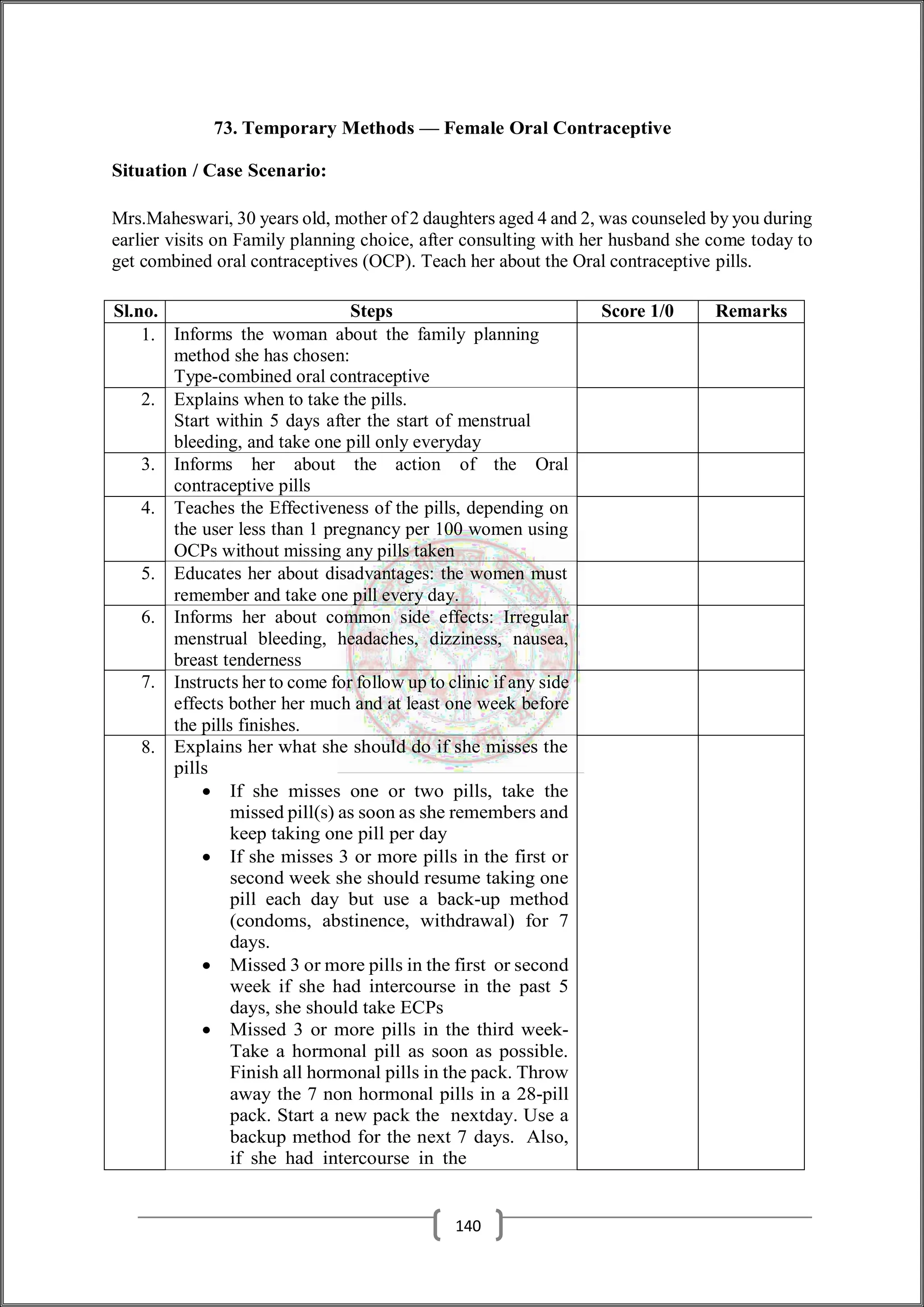 73. Temporary Methods — Female Oral Contraceptive
Situation / Case Scenario:
Mrs.Maheswari, 30 years old, mother of 2 daughters aged 4 and 2, was counseled by you during
earlier visits on Family planning choice, after consulting with her husband she come today to
get combined oral contraceptives (OCP). Teach her about the Oral contraceptive pills.
Sl.no. Steps Score 1/0 Remarks
1. Informs the woman about the family planning
method she has chosen:
Type-combined oral contraceptive
2. Explains when to take the pills.
Start within 5 days after the start of menstrual
bleeding, and take one pill only everyday
3. Informs her about the action of the Oral
contraceptive pills
4. Teaches the Effectiveness of the pills, depending on
the user less than 1 pregnancy per 100 women using
OCPs without missing any pills taken
5. Educates her about disadvantages: the women must
remember and take one pill every day.
6. Informs her about common side effects: Irregular
menstrual bleeding, headaches, dizziness, nausea,
breast tenderness
7. Instructs her to come for follow up to clinic if any side
effects bother her much and at least one week before
the pills finishes.
8. Explains her what she should do if she misses the
pills
 If she misses one or two pills, take the
missed pill(s) as soon as she remembers and
keep taking one pill per day
 If she misses 3 or more pills in the first or
second week she should resume taking one
pill each day but use a back-up method
(condoms, abstinence, withdrawal) for 7
days.
 Missed 3 or more pills in the first or second
week if she had intercourse in the past 5
days, she should take ECPs
 Missed 3 or more pills in the third week-
Take a hormonal pill as soon as possible.
Finish all hormonal pills in the pack. Throw
away the 7 non hormonal pills in a 28-pill
pack. Start a new pack the nextday. Use a
backup method for the next 7 days. Also,
if she had intercourse in the
140
 