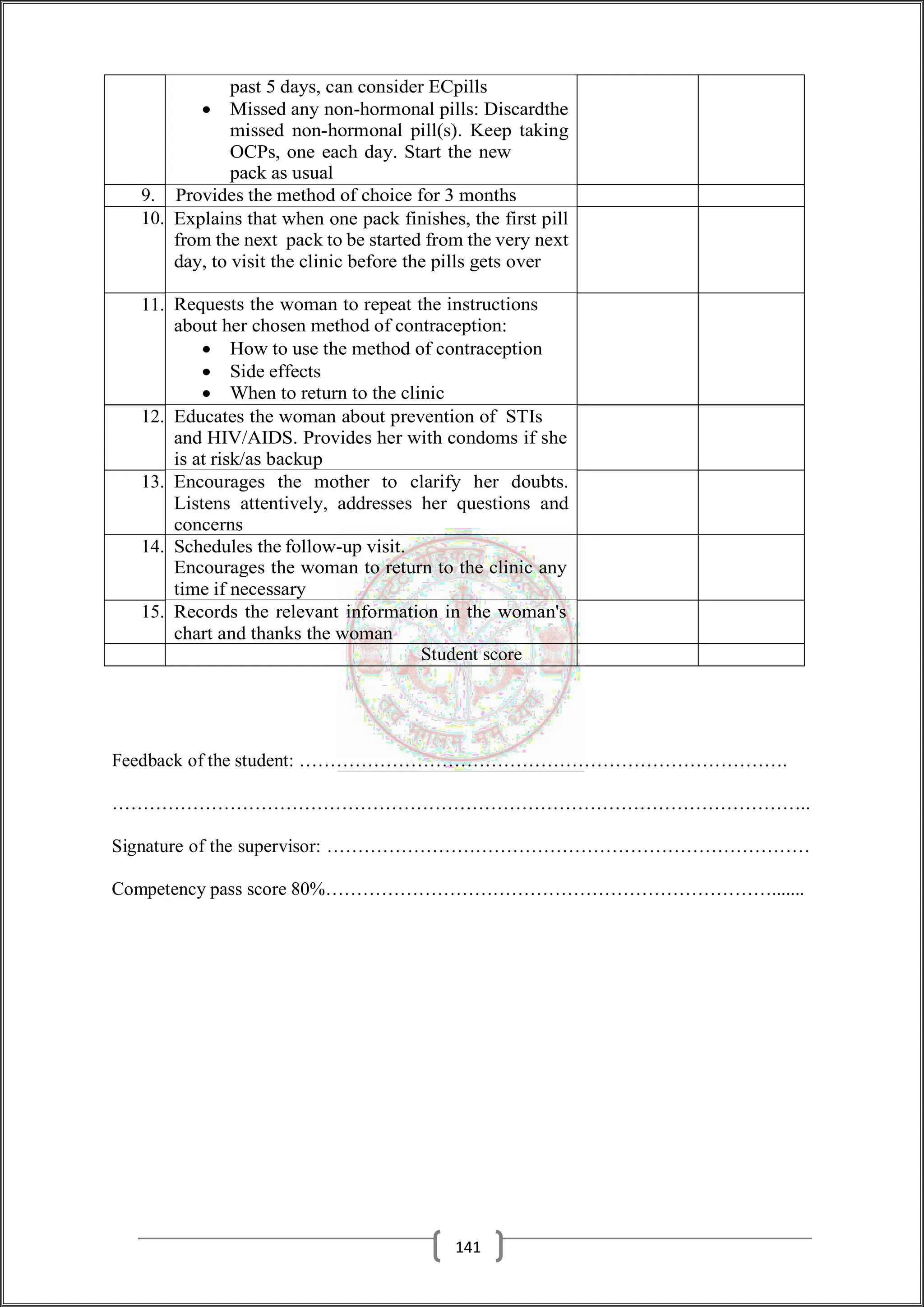 past 5 days, can consider ECpills
 Missed any non-hormonal pills: Discardthe
missed non-hormonal pill(s). Keep taking
OCPs, one each day. Start the new
pack as usual
9. Provides the method of choice for 3 months
10. Explains that when one pack finishes, the first pill
from the next pack to be started from the very next
day, to visit the clinic before the pills gets over
11. Requests the woman to repeat the instructions
about her chosen method of contraception:
 How to use the method of contraception
 Side effects
 When to return to the clinic
12. Educates the woman about prevention of STIs
and HIV/AIDS. Provides her with condoms if she
is at risk/as backup
13. Encourages the mother to clarify her doubts.
Listens attentively, addresses her questions and
concerns
14. Schedules the follow-up visit.
Encourages the woman to return to the clinic any
time if necessary
15. Records the relevant information in the woman's
chart and thanks the woman
Student score
Feedback of the student: …………………………………………………………………….
…………………………………………………………………………………………………..
Signature of the supervisor: ……………………………………………………………………
Competency pass score 80%……………………………………………………………….......
141
 
