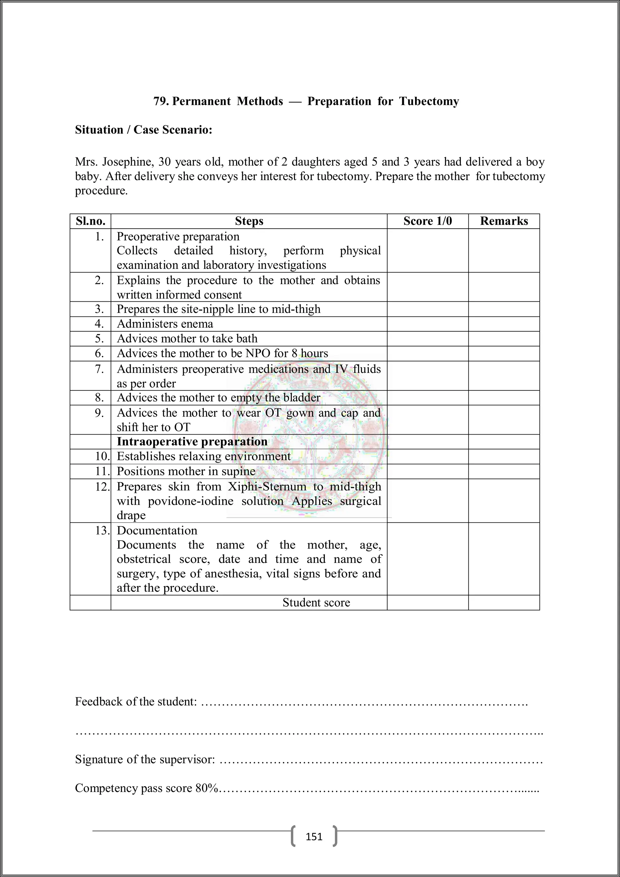 79. Permanent Methods — Preparation for Tubectomy
Situation / Case Scenario:
Mrs. Josephine, 30 years old, mother of 2 daughters aged 5 and 3 years had delivered a boy
baby. After delivery she conveys her interest for tubectomy. Prepare the mother for tubectomy
procedure.
Sl.no. Steps Score 1/0 Remarks
1. Preoperative preparation
Collects detailed history, perform physical
examination and laboratory investigations
2. Explains the procedure to the mother and obtains
written informed consent
3. Prepares the site-nipple line to mid-thigh
4. Administers enema
5. Advices mother to take bath
6. Advices the mother to be NPO for 8 hours
7. Administers preoperative medications and IV fluids
as per order
8. Advices the mother to empty the bladder
9. Advices the mother to wear OT gown and cap and
shift her to OT
Intraoperative preparation
10. Establishes relaxing environment
11. Positions mother in supine
12. Prepares skin from Xiphi-Sternum to mid-thigh
with povidone-iodine solution Applies surgical
drape
13. Documentation
Documents the name of the mother, age,
obstetrical score, date and time and name of
surgery, type of anesthesia, vital signs before and
after the procedure.
Student score
Feedback of the student: …………………………………………………………………….
…………………………………………………………………………………………………..
Signature of the supervisor: ……………………………………………………………………
Competency pass score 80%……………………………………………………………….......
151
 