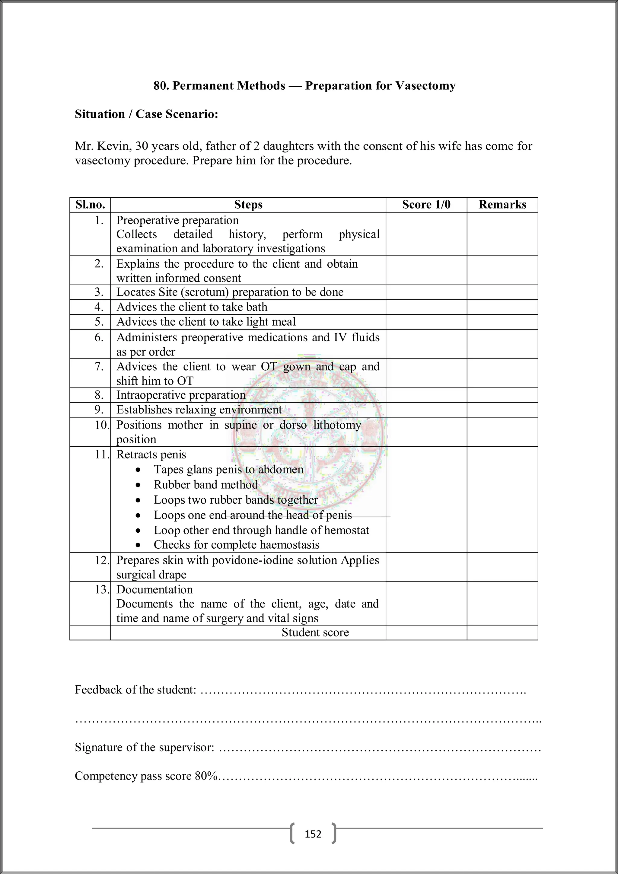 80. Permanent Methods — Preparation for Vasectomy
Situation / Case Scenario:
Mr. Kevin, 30 years old, father of 2 daughters with the consent of his wife has come for
vasectomy procedure. Prepare him for the procedure.
Sl.no. Steps Score 1/0 Remarks
1. Preoperative preparation
Collects detailed history, perform physical
examination and laboratory investigations
2. Explains the procedure to the client and obtain
written informed consent
3. Locates Site (scrotum) preparation to be done
4. Advices the client to take bath
5. Advices the client to take light meal
6. Administers preoperative medications and IV fluids
as per order
7. Advices the client to wear OT gown and cap and
shift him to OT
8. Intraoperative preparation
9. Establishes relaxing environment
10. Positions mother in supine or dorso lithotomy
position
11. Retracts penis
 Tapes glans penis to abdomen
 Rubber band method
 Loops two rubber bands together
 Loops one end around the head of penis
 Loop other end through handle of hemostat
 Checks for complete haemostasis
12. Prepares skin with povidone-iodine solution Applies
surgical drape
13. Documentation
Documents the name of the client, age, date and
time and name of surgery and vital signs
Student score
Feedback of the student: …………………………………………………………………….
…………………………………………………………………………………………………..
Signature of the supervisor: ……………………………………………………………………
Competency pass score 80%……………………………………………………………….......
152
 