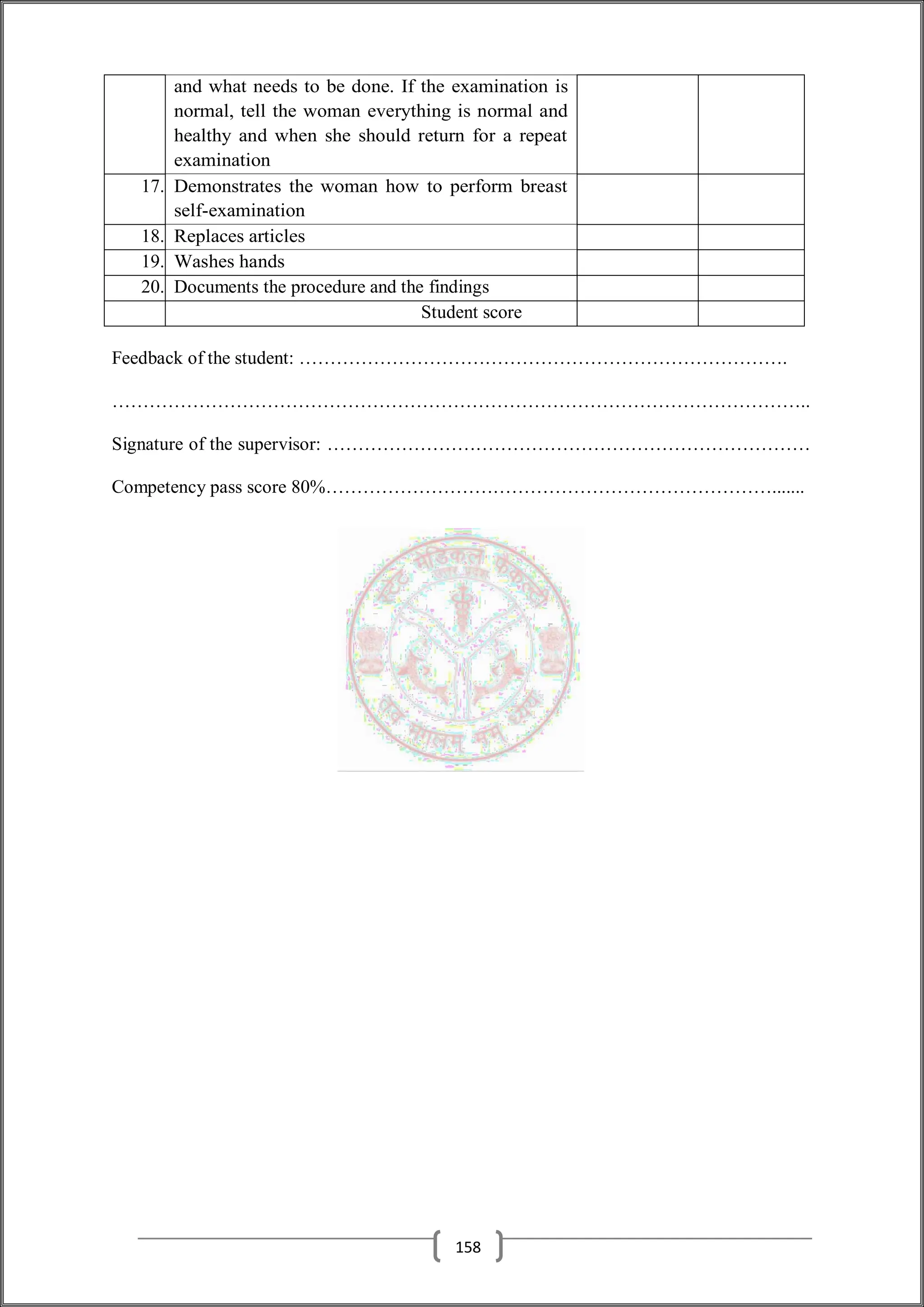 and what needs to be done. If the examination is
normal, tell the woman everything is normal and
healthy and when she should return for a repeat
examination
17. Demonstrates the woman how to perform breast
self-examination
18. Replaces articles
19. Washes hands
20. Documents the procedure and the findings
Student score
Feedback of the student: …………………………………………………………………….
…………………………………………………………………………………………………..
Signature of the supervisor: ……………………………………………………………………
Competency pass score 80%……………………………………………………………….......
158
 