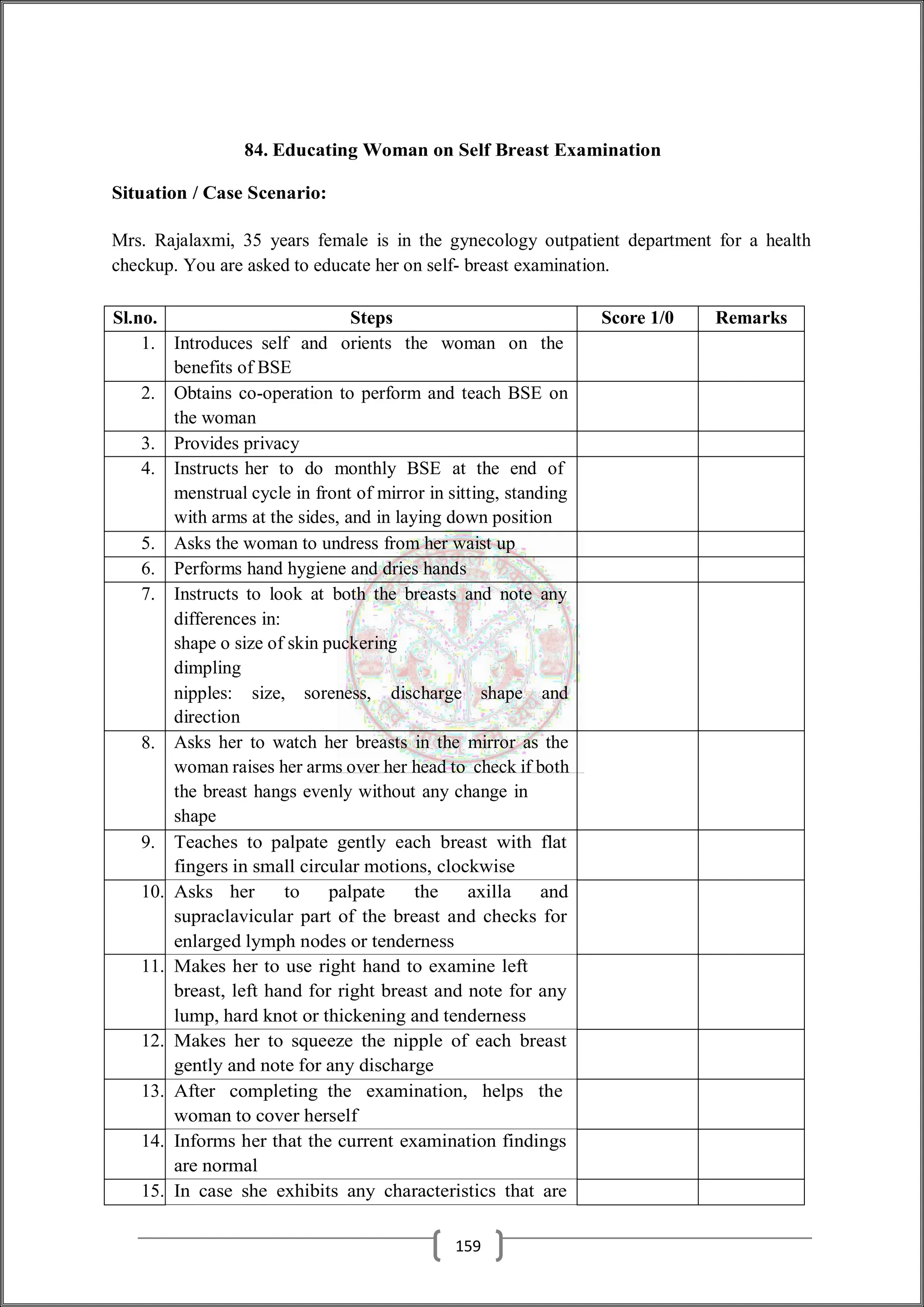 84. Educating Woman on Self Breast Examination
Situation / Case Scenario:
Mrs. Rajalaxmi, 35 years female is in the gynecology outpatient department for a health
checkup. You are asked to educate her on self- breast examination.
Sl.no. Steps Score 1/0 Remarks
1. Introduces self and orients the woman on the
benefits of BSE
2. Obtains co-operation to perform and teach BSE on
the woman
3. Provides privacy
4. Instructs her to do monthly BSE at the end of
menstrual cycle in front of mirror in sitting, standing
with arms at the sides, and in laying down position
5. Asks the woman to undress from her waist up
6. Performs hand hygiene and dries hands
7. Instructs to look at both the breasts and note any
differences in:
shape o size of skin puckering
dimpling
nipples: size, soreness, discharge shape and
direction
8. Asks her to watch her breasts in the mirror as the
woman raises her arms over her head to check if both
the breast hangs evenly without any change in
shape
9. Teaches to palpate gently each breast with flat
fingers in small circular motions, clockwise
10. Asks her to palpate the axilla and
supraclavicular part of the breast and checks for
enlarged lymph nodes or tenderness
11. Makes her to use right hand to examine left
breast, left hand for right breast and note for any
lump, hard knot or thickening and tenderness
12. Makes her to squeeze the nipple of each breast
gently and note for any discharge
13. After completing the examination, helps the
woman to cover herself
14. Informs her that the current examination findings
are normal
15. In case she exhibits any characteristics that are
159
 