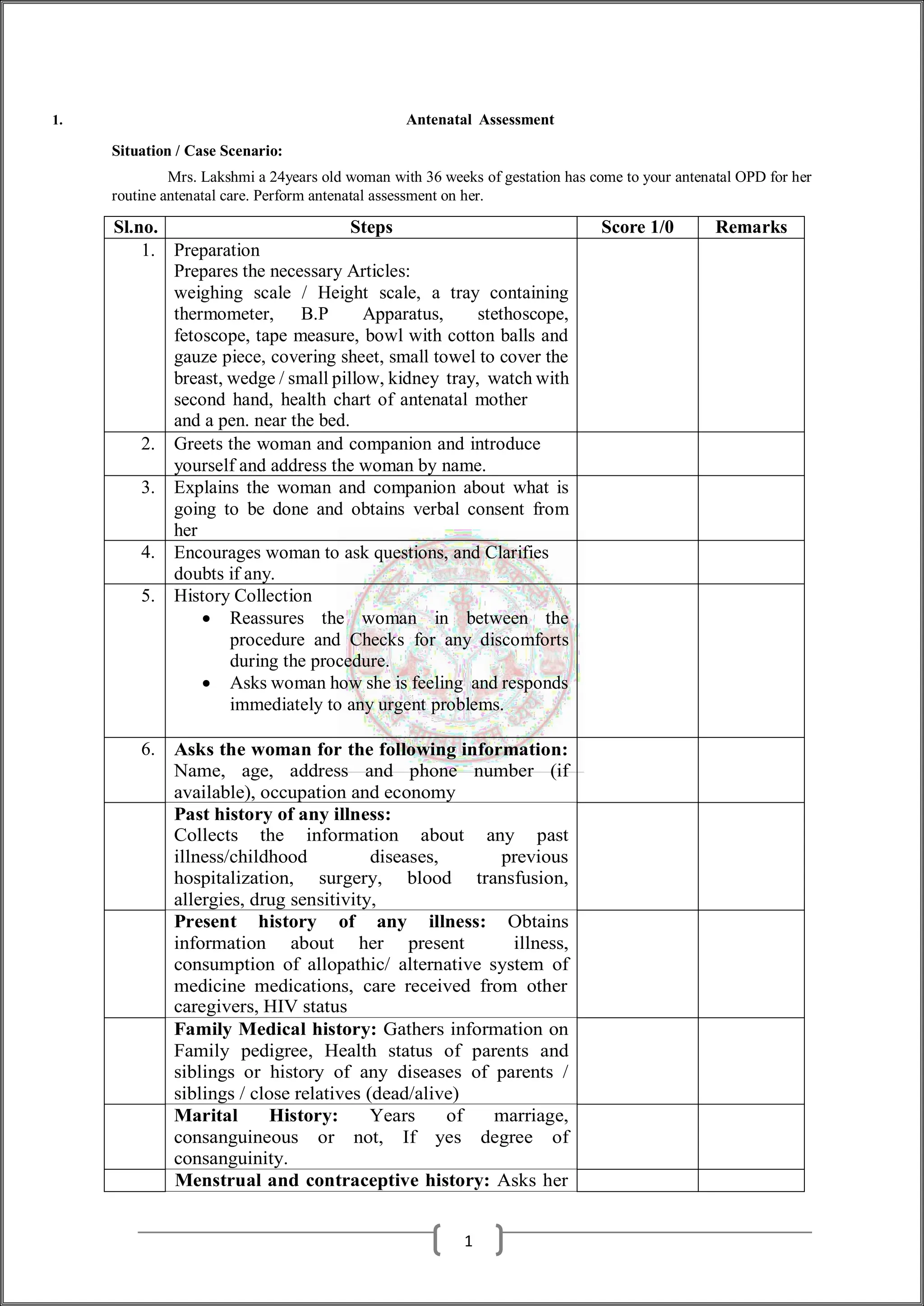 1. Antenatal Assessment
Situation / Case Scenario:
Mrs. Lakshmi a 24years old woman with 36 weeks of gestation has come to your antenatal OPD for her
routine antenatal care. Perform antenatal assessment on her.
Sl.no. Steps Score 1/0 Remarks
1. Preparation
Prepares the necessary Articles:
weighing scale / Height scale, a tray containing
thermometer, B.P Apparatus, stethoscope,
fetoscope, tape measure, bowl with cotton balls and
gauze piece, covering sheet, small towel to cover the
breast, wedge / small pillow, kidney tray, watch with
second hand, health chart of antenatal mother
and a pen. near the bed.
2. Greets the woman and companion and introduce
yourself and address the woman by name.
3. Explains the woman and companion about what is
going to be done and obtains verbal consent from
her
4. Encourages woman to ask questions, and Clarifies
doubts if any.
5. History Collection
 Reassures the woman in between the
procedure and Checks for any discomforts
during the procedure.
 Asks woman how she is feeling and responds
immediately to any urgent problems.
6. Asks the woman for the following information:
Name, age, address and phone number (if
available), occupation and economy
Past history of any illness:
Collects the information about any past
illness/childhood diseases, previous
hospitalization, surgery, blood transfusion,
allergies, drug sensitivity,
Present history of any illness: Obtains
information about her present illness,
consumption of allopathic/ alternative system of
medicine medications, care received from other
caregivers, HIV status
Family Medical history: Gathers information on
Family pedigree, Health status of parents and
siblings or history of any diseases of parents /
siblings / close relatives (dead/alive)
Marital History: Years of marriage,
consanguineous or not, If yes degree of
consanguinity.
Menstrual and contraceptive history: Asks her
1
 