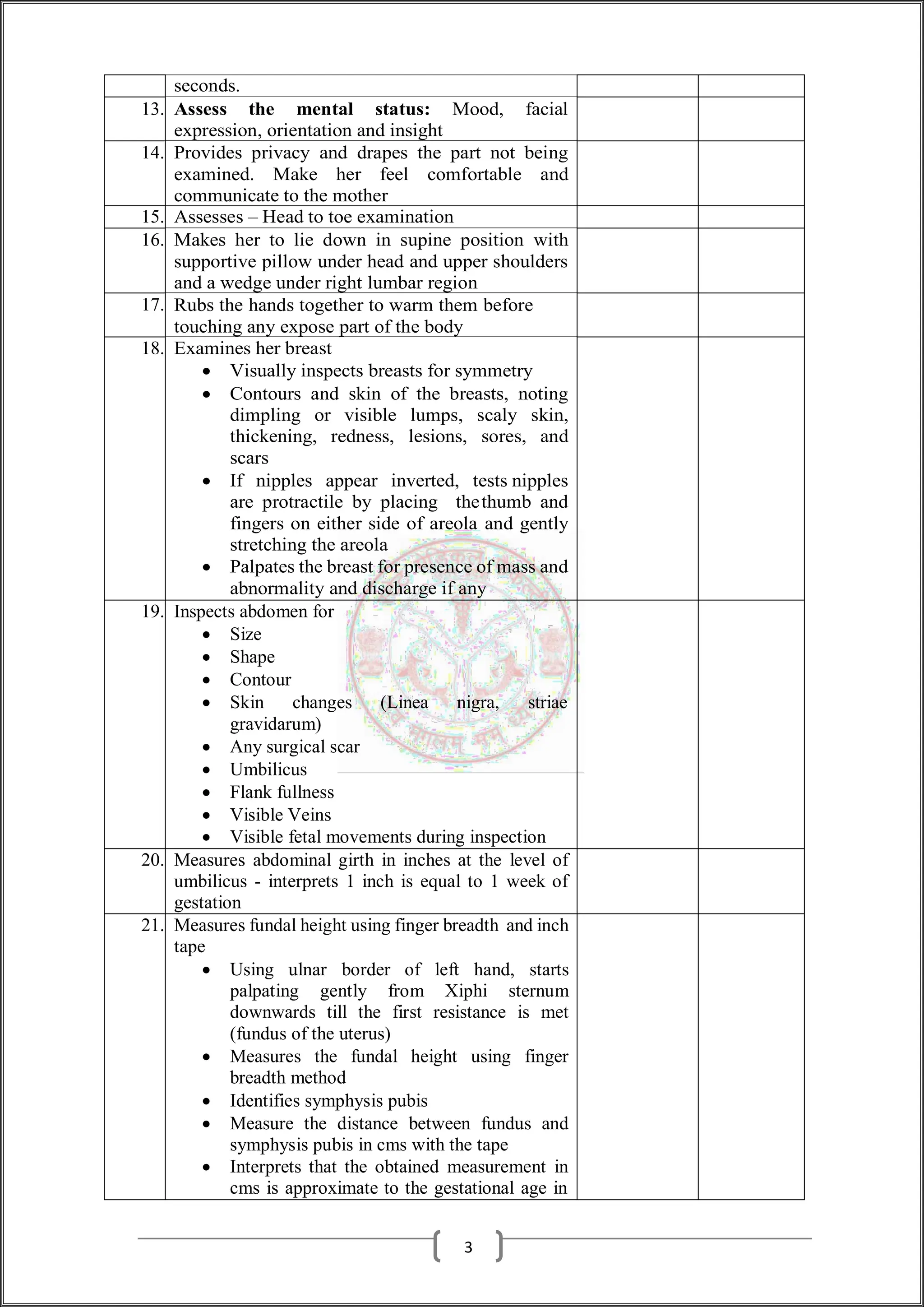 seconds.
13. Assess the mental status: Mood, facial
expression, orientation and insight
14. Provides privacy and drapes the part not being
examined. Make her feel comfortable and
communicate to the mother
15. Assesses – Head to toe examination
16. Makes her to lie down in supine position with
supportive pillow under head and upper shoulders
and a wedge under right lumbar region
17. Rubs the hands together to warm them before
touching any expose part of the body
18. Examines her breast
 Visually inspects breasts for symmetry
 Contours and skin of the breasts, noting
dimpling or visible lumps, scaly skin,
thickening, redness, lesions, sores, and
scars
 If nipples appear inverted, tests nipples
are protractile by placing thethumb and
fingers on either side of areola and gently
stretching the areola
 Palpates the breast for presence of mass and
abnormality and discharge if any
19. Inspects abdomen for
 Size
 Shape
 Contour
 Skin changes (Linea nigra, striae
gravidarum)
 Any surgical scar
 Umbilicus
 Flank fullness
 Visible Veins
 Visible fetal movements during inspection
20. Measures abdominal girth in inches at the level of
umbilicus - interprets 1 inch is equal to 1 week of
gestation
21. Measures fundal height using finger breadth and inch
tape
 Using ulnar border of left hand, starts
palpating gently from Xiphi sternum
downwards till the first resistance is met
(fundus of the uterus)
 Measures the fundal height using finger
breadth method
 Identifies symphysis pubis
 Measure the distance between fundus and
symphysis pubis in cms with the tape
 Interprets that the obtained measurement in
cms is approximate to the gestational age in
3
 