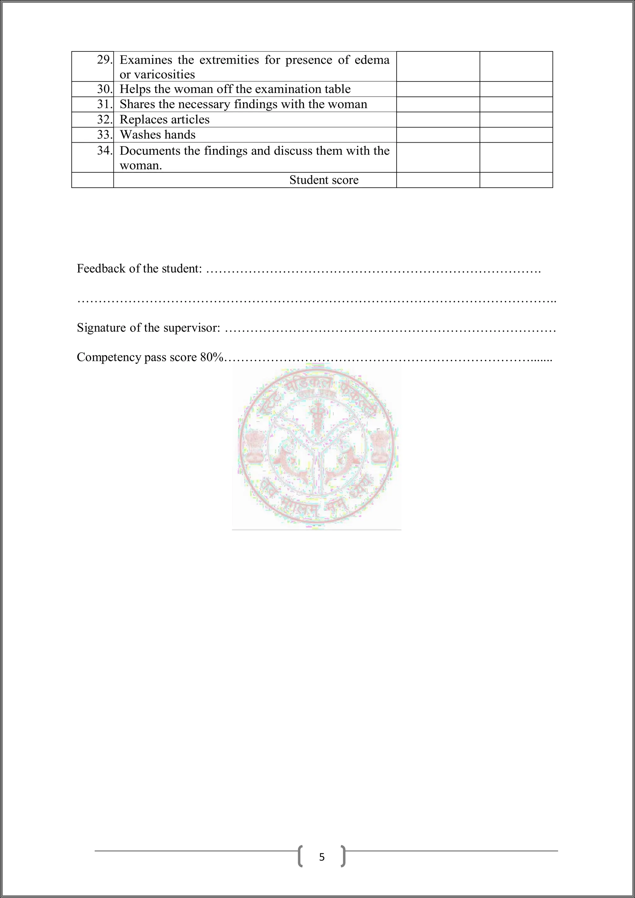 29. Examines the extremities for presence of edema
or varicosities
30. Helps the woman off the examination table
31. Shares the necessary findings with the woman
32. Replaces articles
33. Washes hands
34. Documents the findings and discuss them with the
woman.
Student score
Feedback of the student: …………………………………………………………………….
…………………………………………………………………………………………………..
Signature of the supervisor: ……………………………………………………………………
Competency pass score 80%……………………………………………………………….......
5
 