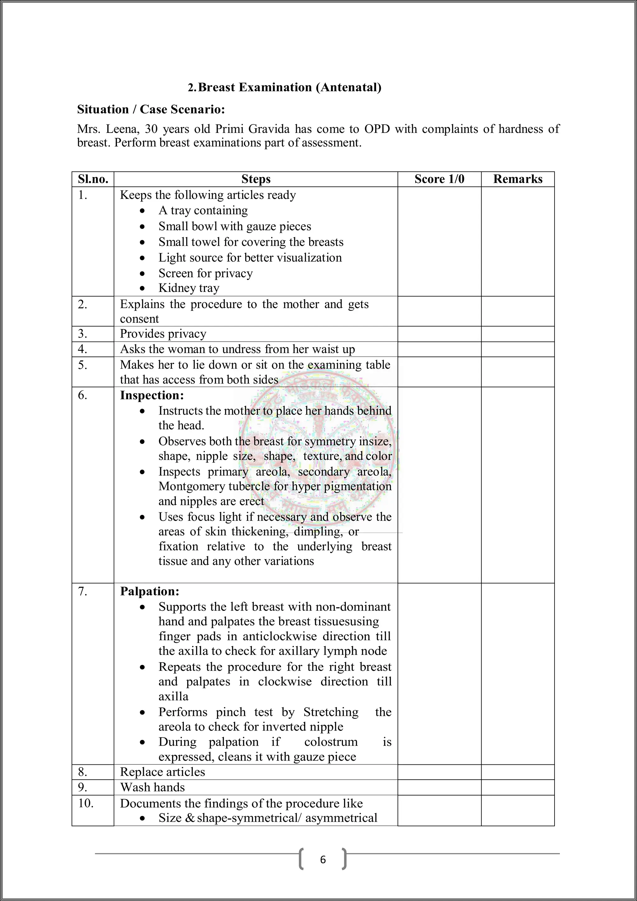 2.Breast Examination (Antenatal)
Situation / Case Scenario:
Mrs. Leena, 30 years old Primi Gravida has come to OPD with complaints of hardness of
breast. Perform breast examinations part of assessment.
Sl.no. Steps Score 1/0 Remarks
1. Keeps the following articles ready
 A tray containing
 Small bowl with gauze pieces
 Small towel for covering the breasts
 Light source for better visualization
 Screen for privacy
 Kidney tray
2. Explains the procedure to the mother and gets
consent
3. Provides privacy
4. Asks the woman to undress from her waist up
5. Makes her to lie down or sit on the examining table
that has access from both sides
6. Inspection:
 Instructs the mother to place her hands behind
the head.
 Observes both the breast for symmetry insize,
shape, nipple size, shape, texture, and color
 Inspects primary areola, secondary areola,
Montgomery tubercle for hyper pigmentation
and nipples are erect
 Uses focus light if necessary and observe the
areas of skin thickening, dimpling, or
fixation relative to the underlying breast
tissue and any other variations
7. Palpation:
 Supports the left breast with non-dominant
hand and palpates the breast tissuesusing
finger pads in anticlockwise direction till
the axilla to check for axillary lymph node
 Repeats the procedure for the right breast
and palpates in clockwise direction till
axilla
 Performs pinch test by Stretching the
areola to check for inverted nipple
 During palpation if colostrum is
expressed, cleans it with gauze piece
8. Replace articles
9. Wash hands
10. Documents the findings of the procedure like
 Size &shape-symmetrical/ asymmetrical
6
 