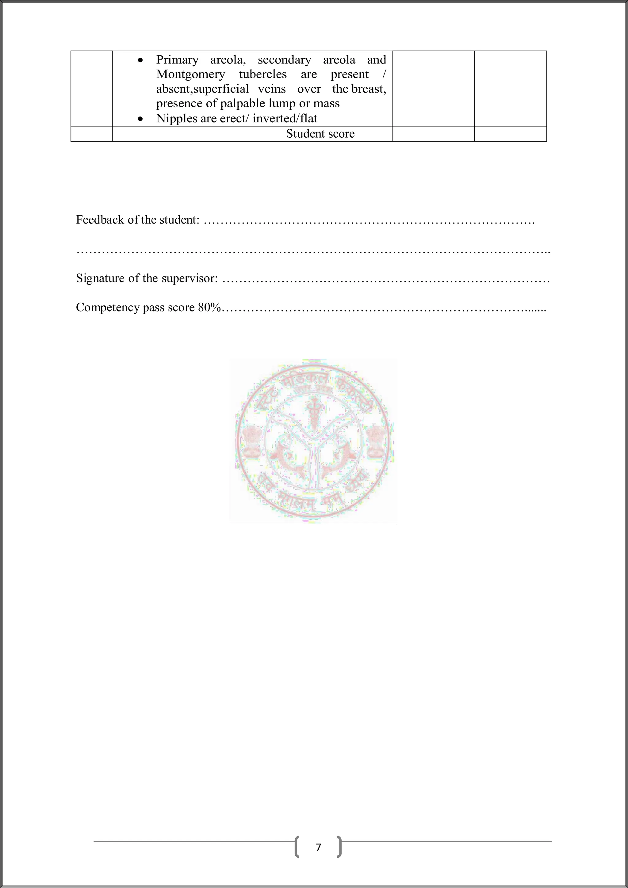  Primary areola, secondary areola and
Montgomery tubercles are present /
absent,superficial veins over the breast,
presence of palpable lump or mass
 Nipples are erect/ inverted/flat
Student score
Feedback of the student: …………………………………………………………………….
…………………………………………………………………………………………………..
Signature of the supervisor: ……………………………………………………………………
Competency pass score 80%……………………………………………………………….......
7
 