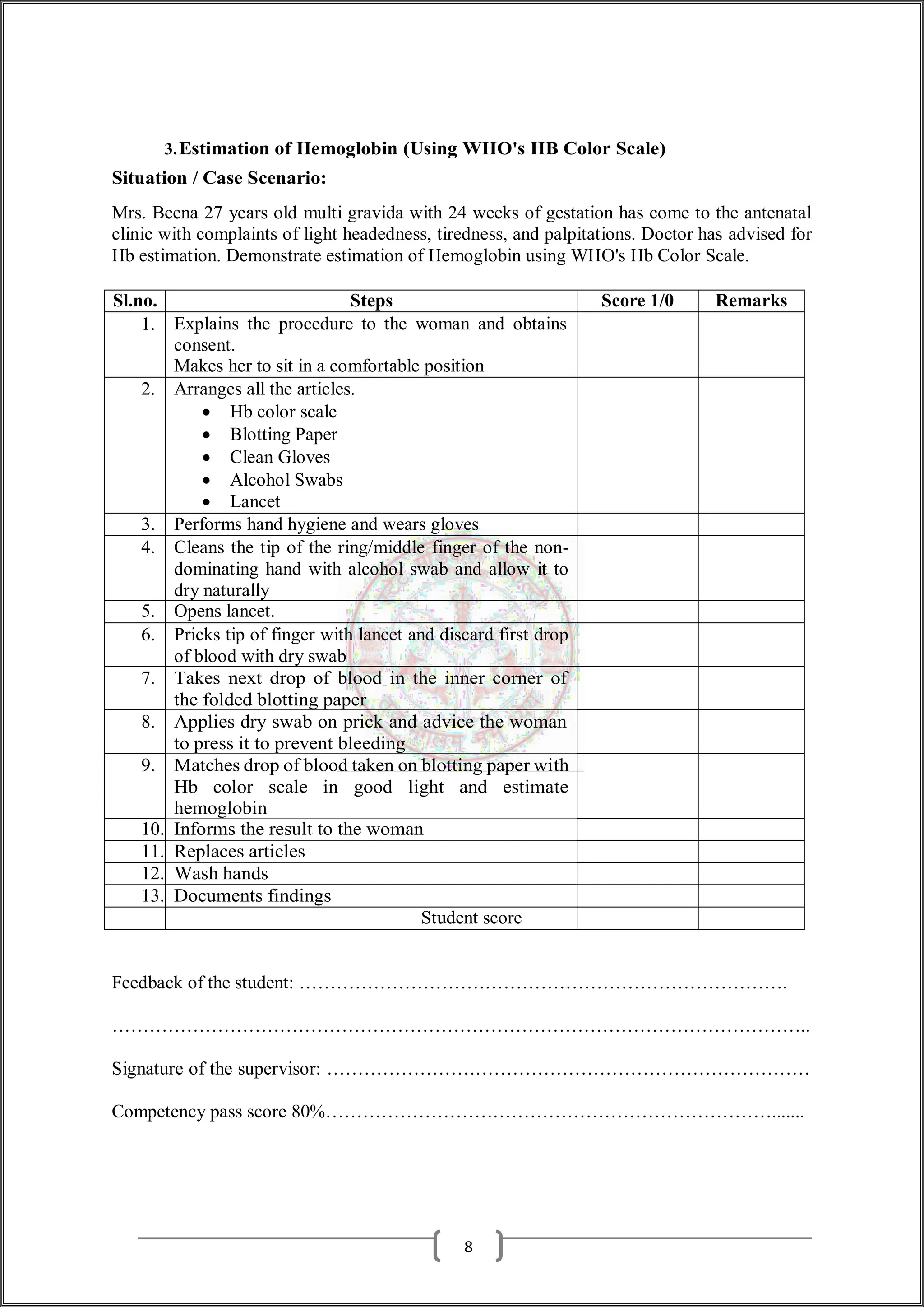 3.Estimation of Hemoglobin (Using WHO's HB Color Scale)
Situation / Case Scenario:
Mrs. Beena 27 years old multi gravida with 24 weeks of gestation has come to the antenatal
clinic with complaints of light headedness, tiredness, and palpitations. Doctor has advised for
Hb estimation. Demonstrate estimation of Hemoglobin using WHO's Hb Color Scale.
Sl.no. Steps Score 1/0 Remarks
1. Explains the procedure to the woman and obtains
consent.
Makes her to sit in a comfortable position
2. Arranges all the articles.
 Hb color scale
 Blotting Paper
 Clean Gloves
 Alcohol Swabs
 Lancet
3. Performs hand hygiene and wears gloves
4. Cleans the tip of the ring/middle finger of the non-
dominating hand with alcohol swab and allow it to
dry naturally
5. Opens lancet.
6. Pricks tip of finger with lancet and discard first drop
of blood with dry swab
7. Takes next drop of blood in the inner corner of
the folded blotting paper
8. Applies dry swab on prick and advice the woman
to press it to prevent bleeding
9. Matches drop of blood taken on blotting paper with
Hb color scale in good light and estimate
hemoglobin
10. Informs the result to the woman
11. Replaces articles
12. Wash hands
13. Documents findings
Student score
Feedback of the student: …………………………………………………………………….
…………………………………………………………………………………………………..
Signature of the supervisor: ……………………………………………………………………
Competency pass score 80%……………………………………………………………….......
8
 
