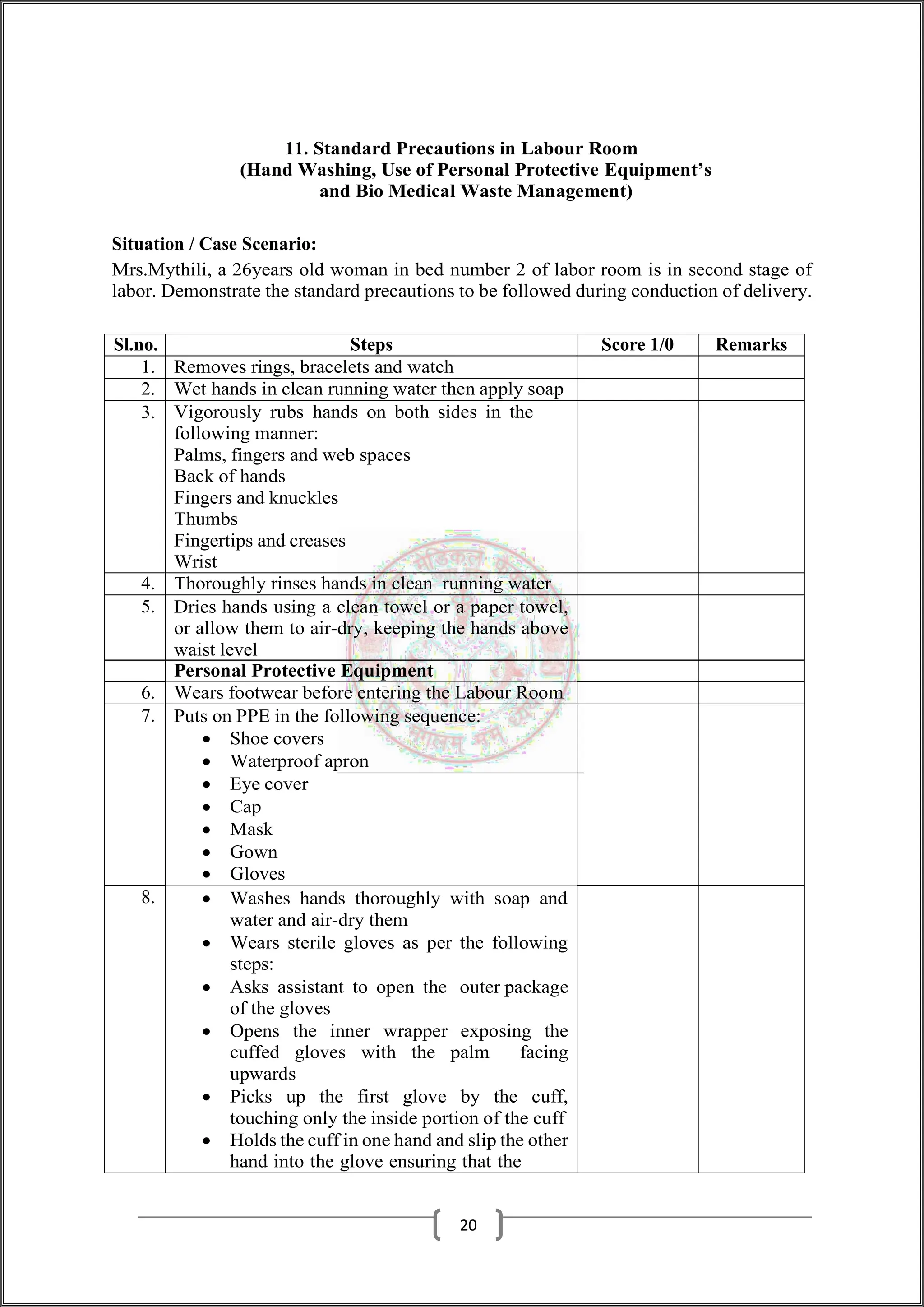11. Standard Precautions in Labour Room
(Hand Washing, Use of Personal Protective Equipment’s
and Bio Medical Waste Management)
Situation / Case Scenario:
Mrs.Mythili, a 26years old woman in bed number 2 of labor room is in second stage of
labor. Demonstrate the standard precautions to be followed during conduction of delivery.
Sl.no. Steps Score 1/0 Remarks
1. Removes rings, bracelets and watch
2. Wet hands in clean running water then apply soap
3. Vigorously rubs hands on both sides in the
following manner:
Palms, fingers and web spaces
Back of hands
Fingers and knuckles
Thumbs
Fingertips and creases
Wrist
4. Thoroughly rinses hands in clean running water
5. Dries hands using a clean towel or a paper towel,
or allow them to air-dry, keeping the hands above
waist level
Personal Protective Equipment
6. Wears footwear before entering the Labour Room
7. Puts on PPE in the following sequence:
 Shoe covers
 Waterproof apron
 Eye cover
 Cap
 Mask
 Gown
 Gloves
8.  Washes hands thoroughly with soap and
water and air-dry them
 Wears sterile gloves as per the following
steps:
 Asks assistant to open the outer package
of the gloves
 Opens the inner wrapper exposing the
cuffed gloves with the palm facing
upwards
 Picks up the first glove by the cuff,
touching only the inside portion of the cuff
 Holds the cuff in one hand and slip the other
hand into the glove ensuring that the
20
 