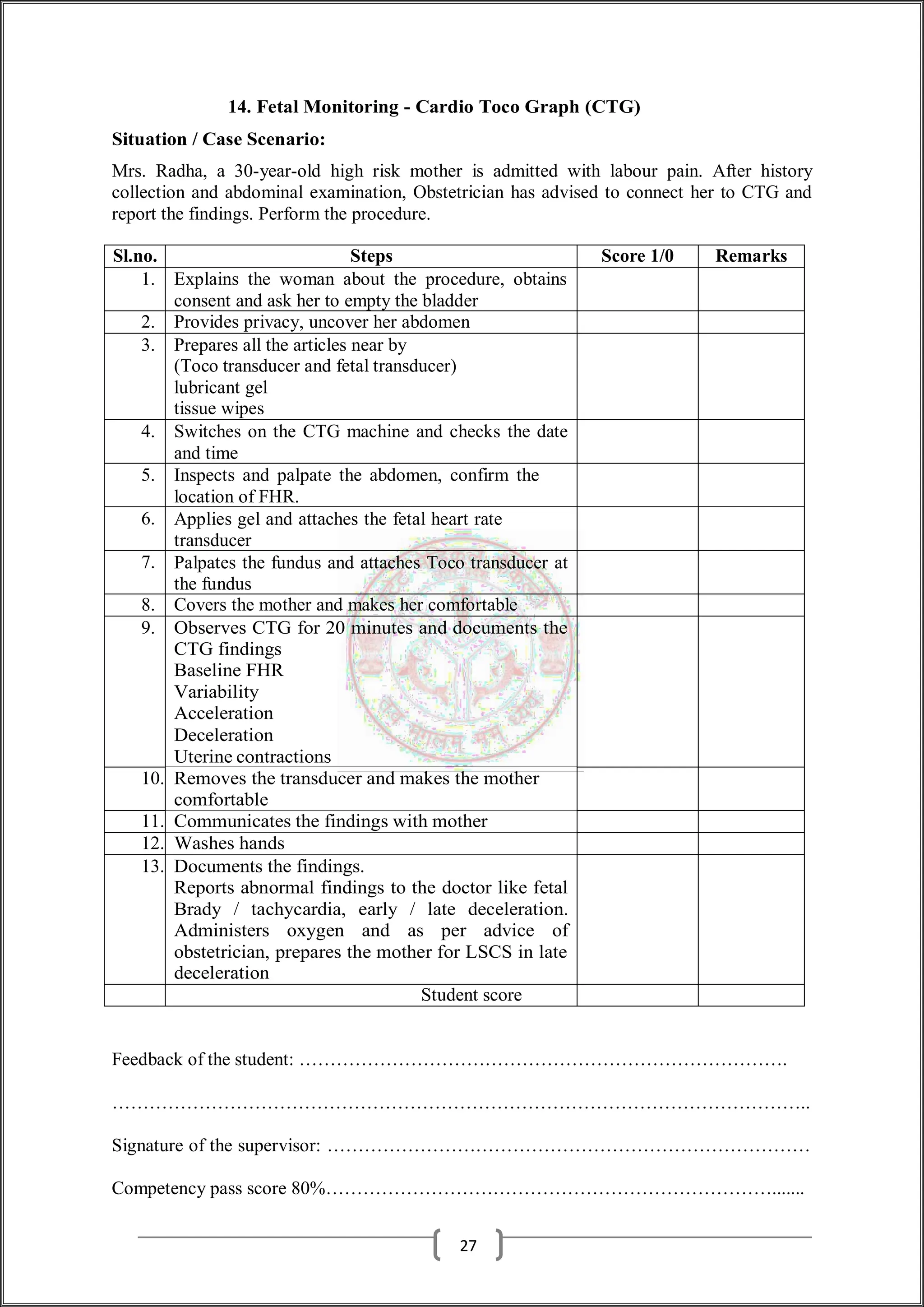 14. Fetal Monitoring - Cardio Toco Graph (CTG)
Situation / Case Scenario:
Mrs. Radha, a 30-year-old high risk mother is admitted with labour pain. After history
collection and abdominal examination, Obstetrician has advised to connect her to CTG and
report the findings. Perform the procedure.
Sl.no. Steps Score 1/0 Remarks
1. Explains the woman about the procedure, obtains
consent and ask her to empty the bladder
2. Provides privacy, uncover her abdomen
3. Prepares all the articles near by
(Toco transducer and fetal transducer)
lubricant gel
tissue wipes
4. Switches on the CTG machine and checks the date
and time
5. Inspects and palpate the abdomen, confirm the
location of FHR.
6. Applies gel and attaches the fetal heart rate
transducer
7. Palpates the fundus and attaches Toco transducer at
the fundus
8. Covers the mother and makes her comfortable
9. Observes CTG for 20 minutes and documents the
CTG findings
Baseline FHR
Variability
Acceleration
Deceleration
Uterine contractions
10. Removes the transducer and makes the mother
comfortable
11. Communicates the findings with mother
12. Washes hands
13. Documents the findings.
Reports abnormal findings to the doctor like fetal
Brady / tachycardia, early / late deceleration.
Administers oxygen and as per advice of
obstetrician, prepares the mother for LSCS in late
deceleration
Student score
Feedback of the student: …………………………………………………………………….
…………………………………………………………………………………………………..
Signature of the supervisor: ……………………………………………………………………
Competency pass score 80%……………………………………………………………….......
27
 