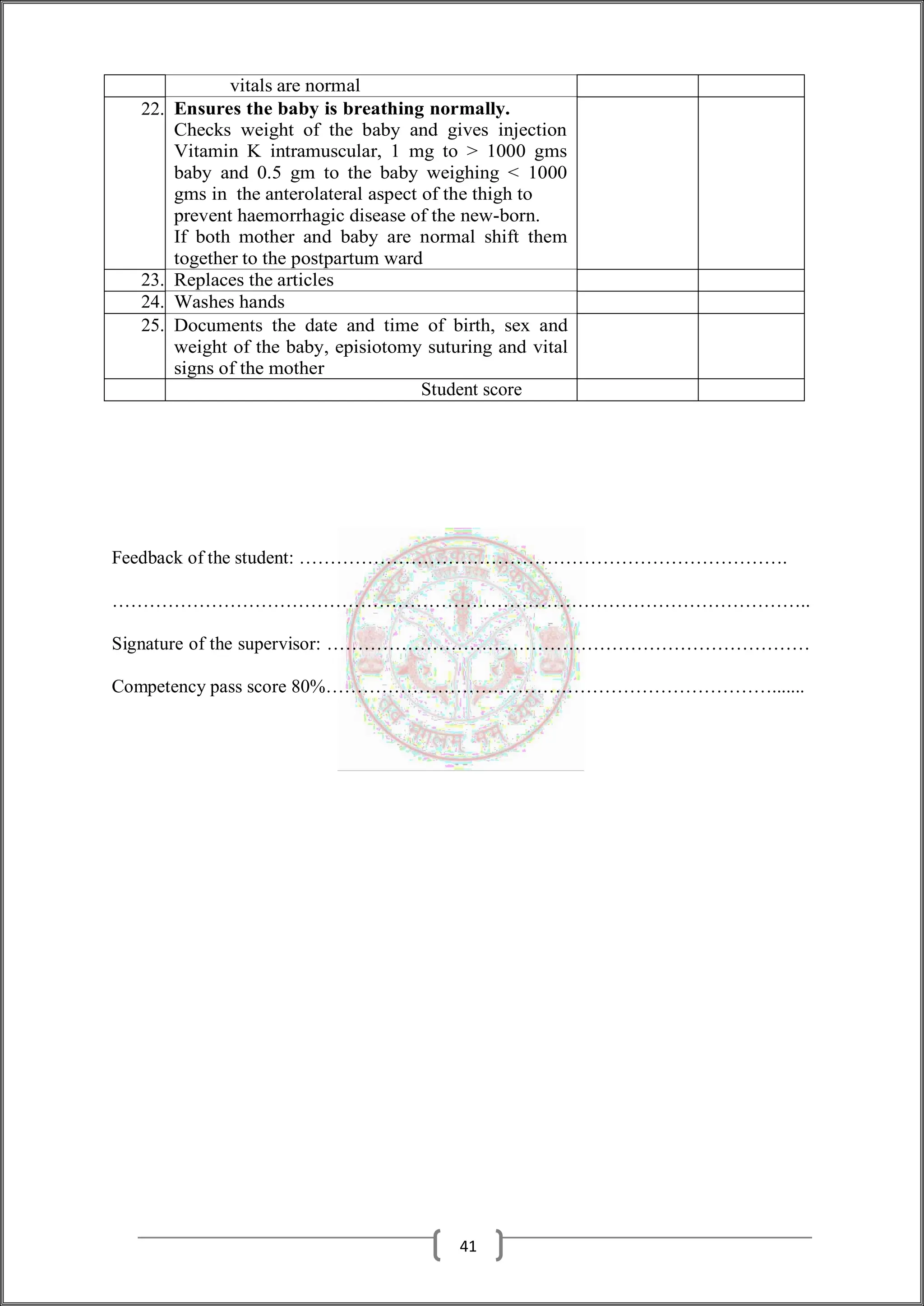 vitals are normal
22. Ensures the baby is breathing normally.
Checks weight of the baby and gives injection
Vitamin K intramuscular, 1 mg to > 1000 gms
baby and 0.5 gm to the baby weighing < 1000
gms in the anterolateral aspect of the thigh to
prevent haemorrhagic disease of the new-born.
If both mother and baby are normal shift them
together to the postpartum ward
23. Replaces the articles
24. Washes hands
25. Documents the date and time of birth, sex and
weight of the baby, episiotomy suturing and vital
signs of the mother
Student score
Feedback of the student: …………………………………………………………………….
…………………………………………………………………………………………………..
Signature of the supervisor: ……………………………………………………………………
Competency pass score 80%……………………………………………………………….......
41
 