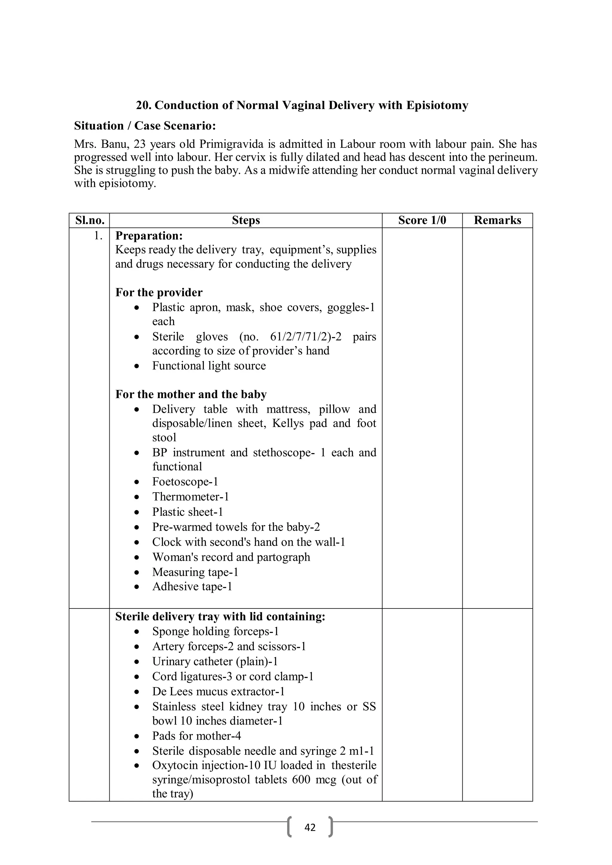 20. Conduction of Normal Vaginal Delivery with Episiotomy
Situation / Case Scenario:
Mrs. Banu, 23 years old Primigravida is admitted in Labour room with labour pain. She has
progressed well into labour. Her cervix is fully dilated and head has descent into the perineum.
She is struggling to push the baby. As a midwife attending her conduct normal vaginal delivery
with episiotomy.
Sl.no. Steps Score 1/0 Remarks
1. Preparation:
Keeps ready the delivery tray, equipment’s, supplies
and drugs necessary for conducting the delivery
For the provider
 Plastic apron, mask, shoe covers, goggles-1
each
 Sterile gloves (no. 61/2/7/71/2)-2 pairs
according to size of provider’s hand
 Functional light source
For the mother and the baby
 Delivery table with mattress, pillow and
disposable/linen sheet, Kellys pad and foot
stool
 BP instrument and stethoscope- 1 each and
functional
 Foetoscope-1
 Thermometer-1
 Plastic sheet-1
 Pre-warmed towels for the baby-2
 Clock with second's hand on the wall-1
 Woman's record and partograph
 Measuring tape-1
 Adhesive tape-1
Sterile delivery tray with lid containing:
 Sponge holding forceps-1
 Artery forceps-2 and scissors-1
 Urinary catheter (plain)-1
 Cord ligatures-3 or cord clamp-1
 De Lees mucus extractor-1
 Stainless steel kidney tray 10 inches or SS
bowl 10 inches diameter-1
 Pads for mother-4
 Sterile disposable needle and syringe 2 m1-1
 Oxytocin injection-10 IU loaded in thesterile
syringe/misoprostol tablets 600 mcg (out of
the tray)
42
 