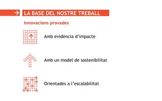 LA BASE DEL NOSTRE TREBALL
Innovacions provades
Amb evidència d’impacte
Amb un model de sostenibilitat
Orientades a l’escalabilitat
 