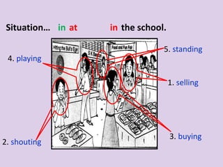 Situation… in at   in the school.

                                 5. standing
 4. playing

                                     1. selling




                                     3. buying
2. shouting
 