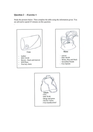 Question 2 - Exercise 1
Study the pictures below. Then complete the table using the information given. You
are advised to spend 25 minutes on this question.
.
 