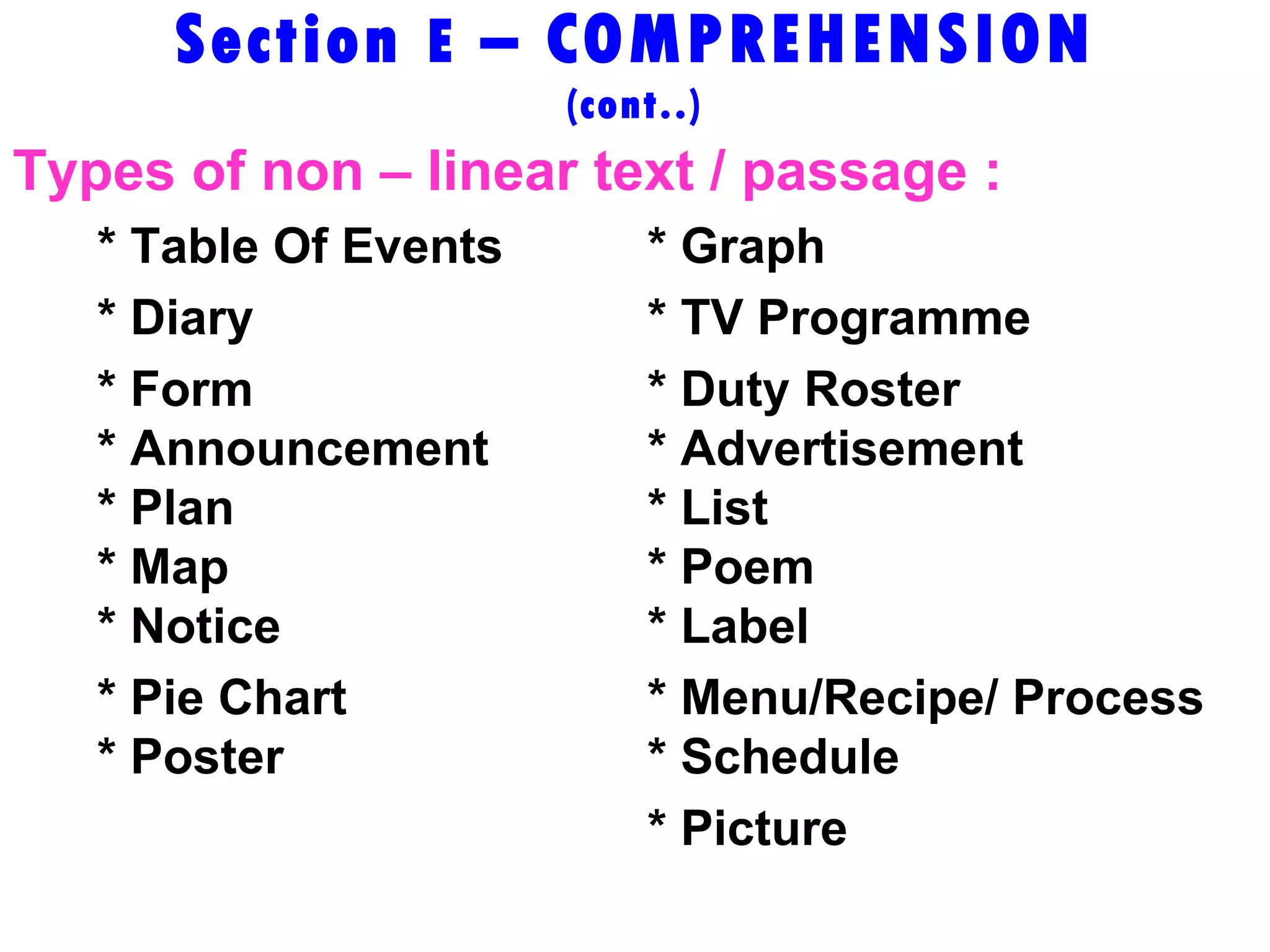 Section  E  – COMPREHENSION  (cont..) Types of non – linear text / passage : * Table Of Events * Graph * Diary * TV Programme * Form * Duty Roster * Announcement * Advertisement * Plan * List * Map * Poem * Notice * Label * Pie Chart * Menu/Recipe/ Process * Poster * Schedule * Picture   