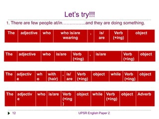 Let’s try!!! 
1. There are few people at/in…………….and they are doing something. 
The adjective who who is/are 
wearing 
, is/ 
are 
12 UPSR English Paper 2 
Verb 
(+ing) 
object 
The adjective who is/are Verb 
(+ing) 
, is/are Verb 
(+ing) 
object 
The adjectiv 
e 
wh 
o 
with 
(hair) 
, is/ 
are 
Verb 
(+ing) 
object while Verb 
(+ing) 
object 
The adjectiv 
e 
who is/are Verb 
(+ing 
) 
object while Verb 
(+ing) 
object Adverb 
 