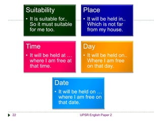 Suitability 
• It is suitable for.. 
So it must suitable 
for me too. 
Place 
• It will be held in.. 
Which is not far 
from my house. 
Time 
• It will be held at … 
where I am free at 
that time. 
Day 
• It will be held on.. 
Where I am free 
on that day. 
Date 
• It will be held on … 
where I am free on 
that date. 
22 UPSR English Paper 2 
 