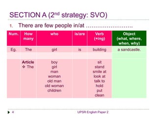 SECTION A (2nd strategy: SVO) 
1. There are few people in/at ……………………. 
Num. How 
many 
who is/are Verb 
(+ing) 
4 UPSR English Paper 2 
Object 
(what, where, 
when, why) 
Eg. The girl is building a sandcastle. 
Article 
 The 
boy 
girl 
man 
woman 
old man 
old woman 
children 
sit 
stand 
smile at 
look at 
talk to 
hold 
put 
clean 
 