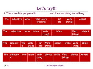 UPSR English Paper 212 UPSR English Paper 212
Let’s try!!!
The adjective who who is/are
wearing
, is/
are
Verb
(+ing)
object
The adjective who is/are Verb
(+ing)
, is/are Verb
(+ing)
object
The adjectiv
e
wh
o
with
(hair)
, is/
are
Verb
(+ing)
object while Verb
(+ing)
object
The adjectiv
e
who is/are Verb
(+ing
)
object while Verb
(+ing)
object Adverb
1. There are few people at/in…………….and they are doing something.
 