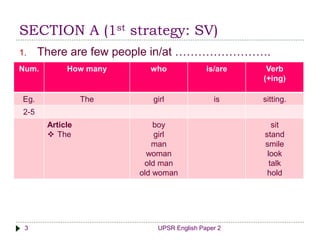 SECTION A (1st strategy: SV)
UPSR English Paper 23
1. There are few people in/at …………………….
Num. How many who is/are Verb
(+ing)
Eg. The girl is sitting.
2-5
Article
 The
boy
girl
man
woman
old man
old woman
sit
stand
smile
look
talk
hold
 