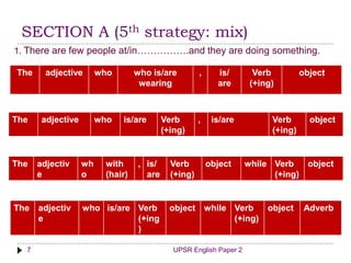 UPSR English Paper 27
SECTION A (5th strategy: mix)
The adjective who who is/are
wearing
, is/
are
Verb
(+ing)
object
The adjective who is/are Verb
(+ing)
, is/are Verb
(+ing)
object
The adjectiv
e
wh
o
with
(hair)
, is/
are
Verb
(+ing)
object while Verb
(+ing)
object
The adjectiv
e
who is/are Verb
(+ing
)
object while Verb
(+ing)
object Adverb
1. There are few people at/in…………….and they are doing something.
 
