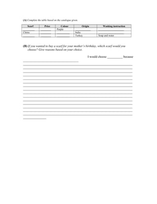 (A) Complete the table based on the catalogue given.
Scarf
_________
Chitra
_________

Price
________
________
________

Colour
Purple
__________
__________

Origin
____________
India
Turkey

Washing instruction
____________________
____________________
Soap and water

(B) If you wanted to buy a scarf for your mother’s birthday, which scarf would you
choose? Give reasons based on your choice.
I would choose __________ because
____________________________________
_______________________________________________________________________
_______________________________________________________________________
_______________________________________________________________________
_______________________________________________________________________
_______________________________________________________________________
_______________________________________________________________________
_______________________________________________________________________
_______________________________________________________________________
_______________________________________________________________________
_______________________________________________________________________
_______________________________________________________________________
_______________________________________________________________________
_______________________________________________________________________
_______________________________________________________________________
_______________________________________________________________________
_______________

 