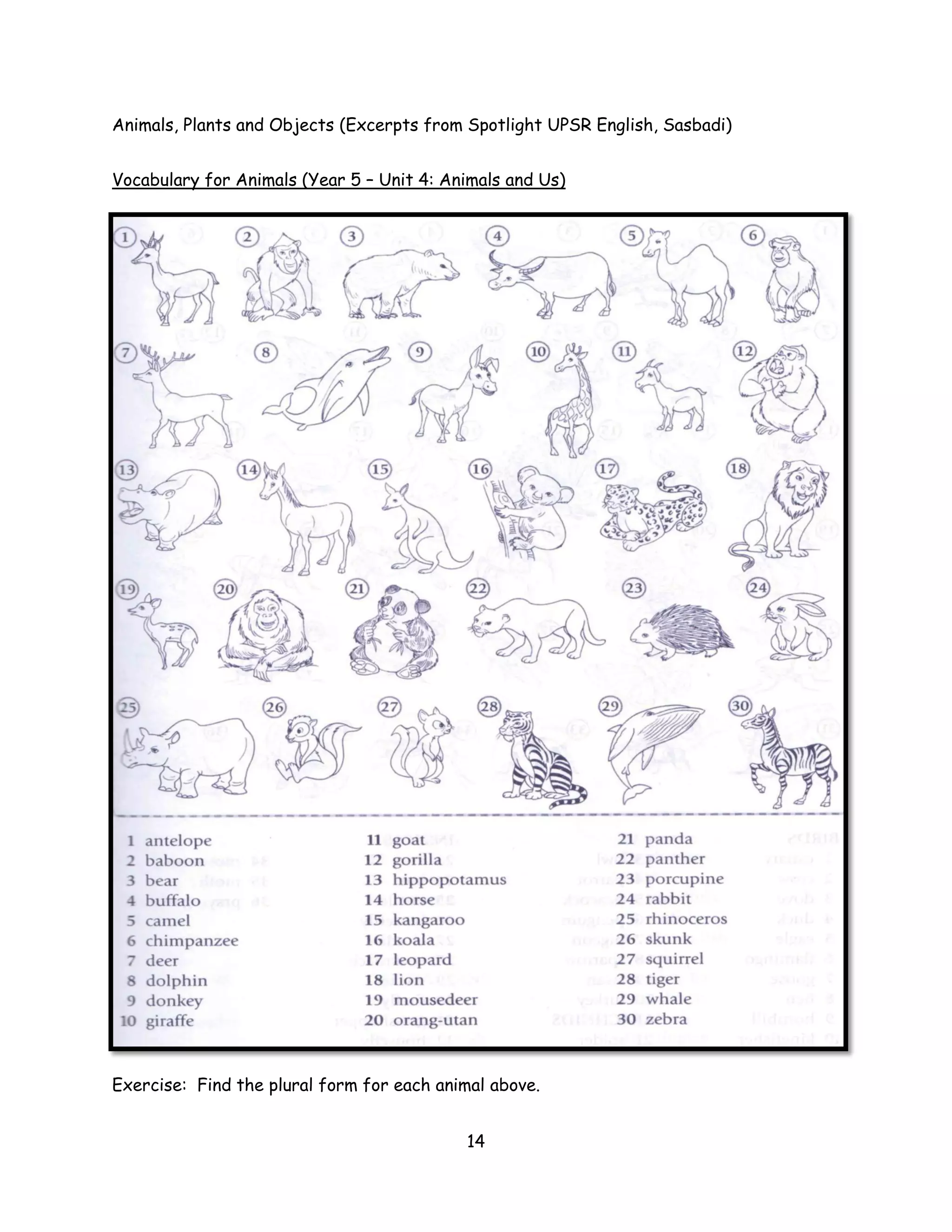Animals, Plants and Objects (Excerpts from Spotlight UPSR English, Sasbadi)


Vocabulary for Animals (Year 5 – Unit 4: Animals and Us)




Exercise: Find the plural form for each animal above.


                                           14
 