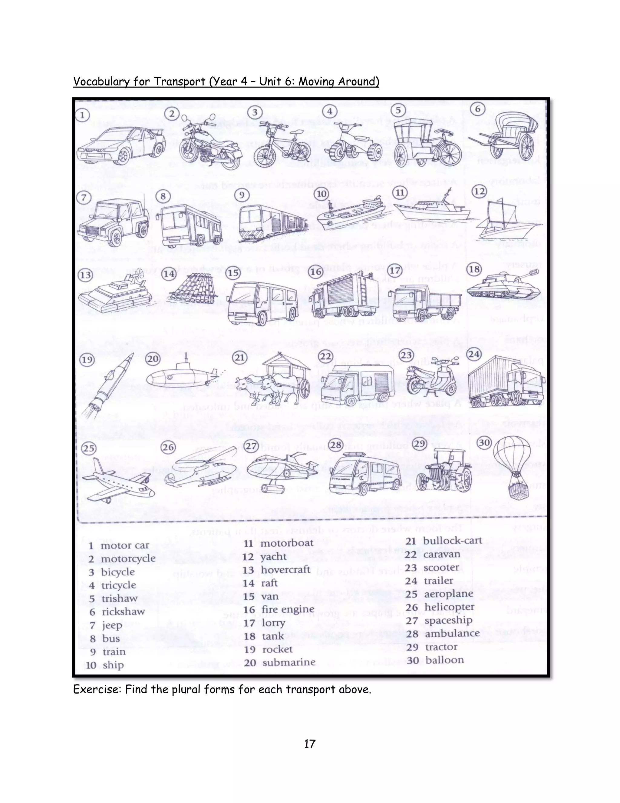 Vocabulary for Transport (Year 4 – Unit 6: Moving Around)




Exercise: Find the plural forms for each transport above.



                                            17
 