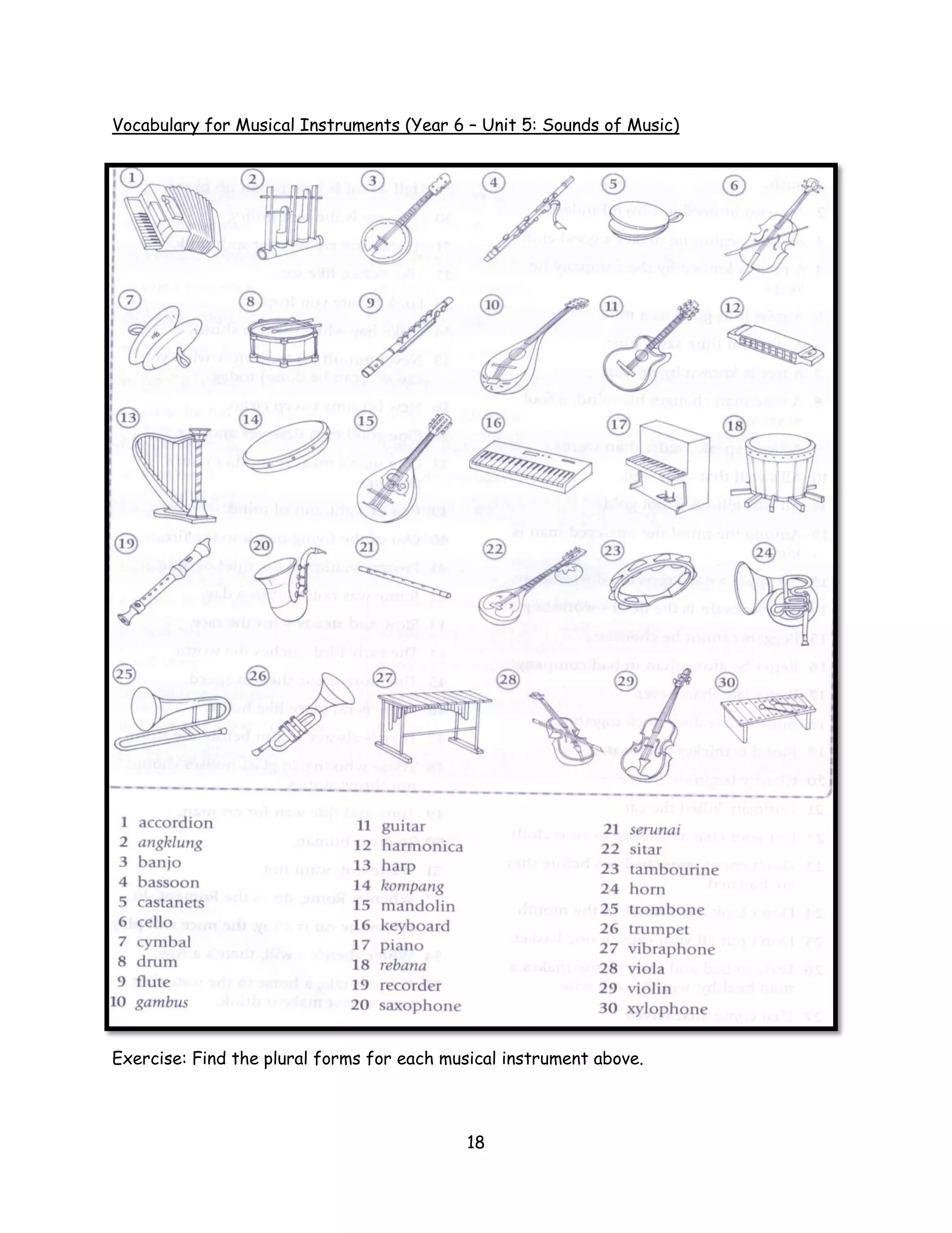 Vocabulary for Musical Instruments (Year 6 – Unit 5: Sounds of Music)




Exercise: Find the plural forms for each musical instrument above.



                                            18
 