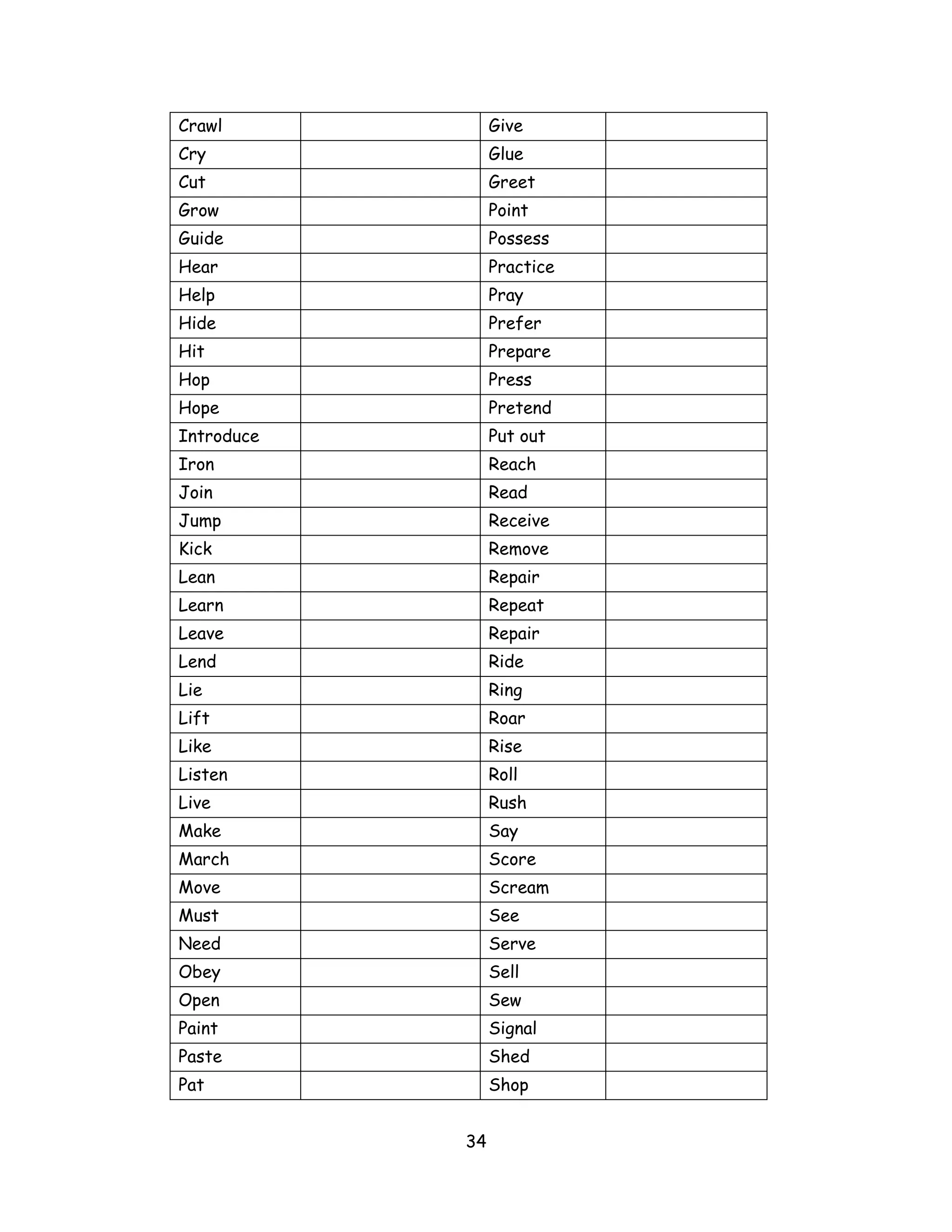 Crawl            Give
Cry              Glue
Cut              Greet
Grow             Point
Guide            Possess
Hear             Practice
Help             Pray
Hide             Prefer
Hit              Prepare
Hop              Press
Hope             Pretend
Introduce        Put out
Iron             Reach
Join             Read
Jump             Receive
Kick             Remove
Lean             Repair
Learn            Repeat
Leave            Repair
Lend             Ride
Lie              Ring
Lift             Roar
Like             Rise
Listen           Roll
Live             Rush
Make             Say
March            Score
Move             Scream
Must             See
Need             Serve
Obey             Sell
Open             Sew
Paint            Signal
Paste            Shed
Pat              Shop


            34
 