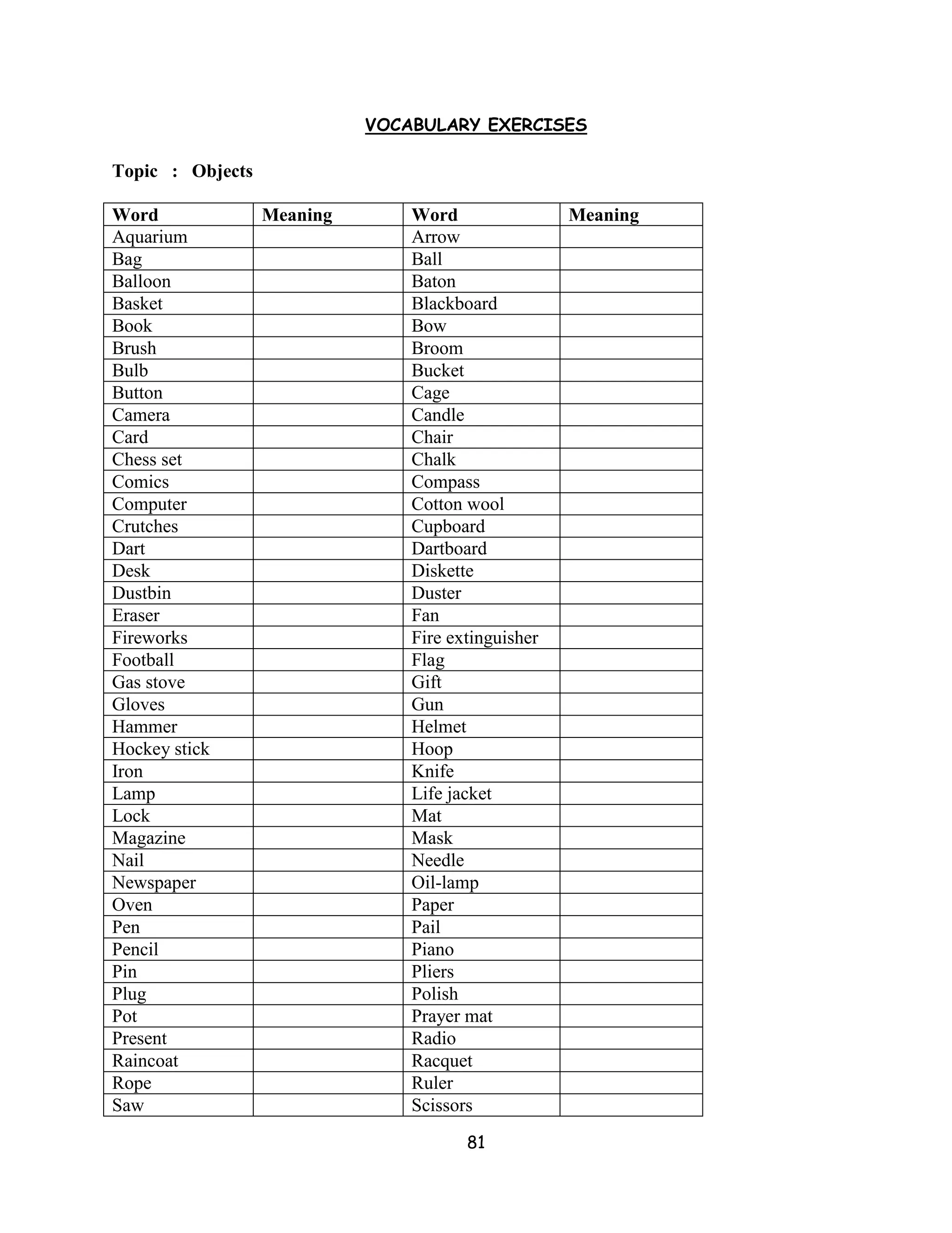 VOCABULARY EXERCISES

Topic : Objects

Word              Meaning       Word                Meaning
Aquarium                        Arrow
Bag                             Ball
Balloon                         Baton
Basket                          Blackboard
Book                            Bow
Brush                           Broom
Bulb                            Bucket
Button                          Cage
Camera                          Candle
Card                            Chair
Chess set                       Chalk
Comics                          Compass
Computer                        Cotton wool
Crutches                        Cupboard
Dart                            Dartboard
Desk                            Diskette
Dustbin                         Duster
Eraser                          Fan
Fireworks                       Fire extinguisher
Football                        Flag
Gas stove                       Gift
Gloves                          Gun
Hammer                          Helmet
Hockey stick                    Hoop
Iron                            Knife
Lamp                            Life jacket
Lock                            Mat
Magazine                        Mask
Nail                            Needle
Newspaper                       Oil-lamp
Oven                            Paper
Pen                             Pail
Pencil                          Piano
Pin                             Pliers
Plug                            Polish
Pot                             Prayer mat
Present                         Radio
Raincoat                        Racquet
Rope                            Ruler
Saw                             Scissors
                                       81
 